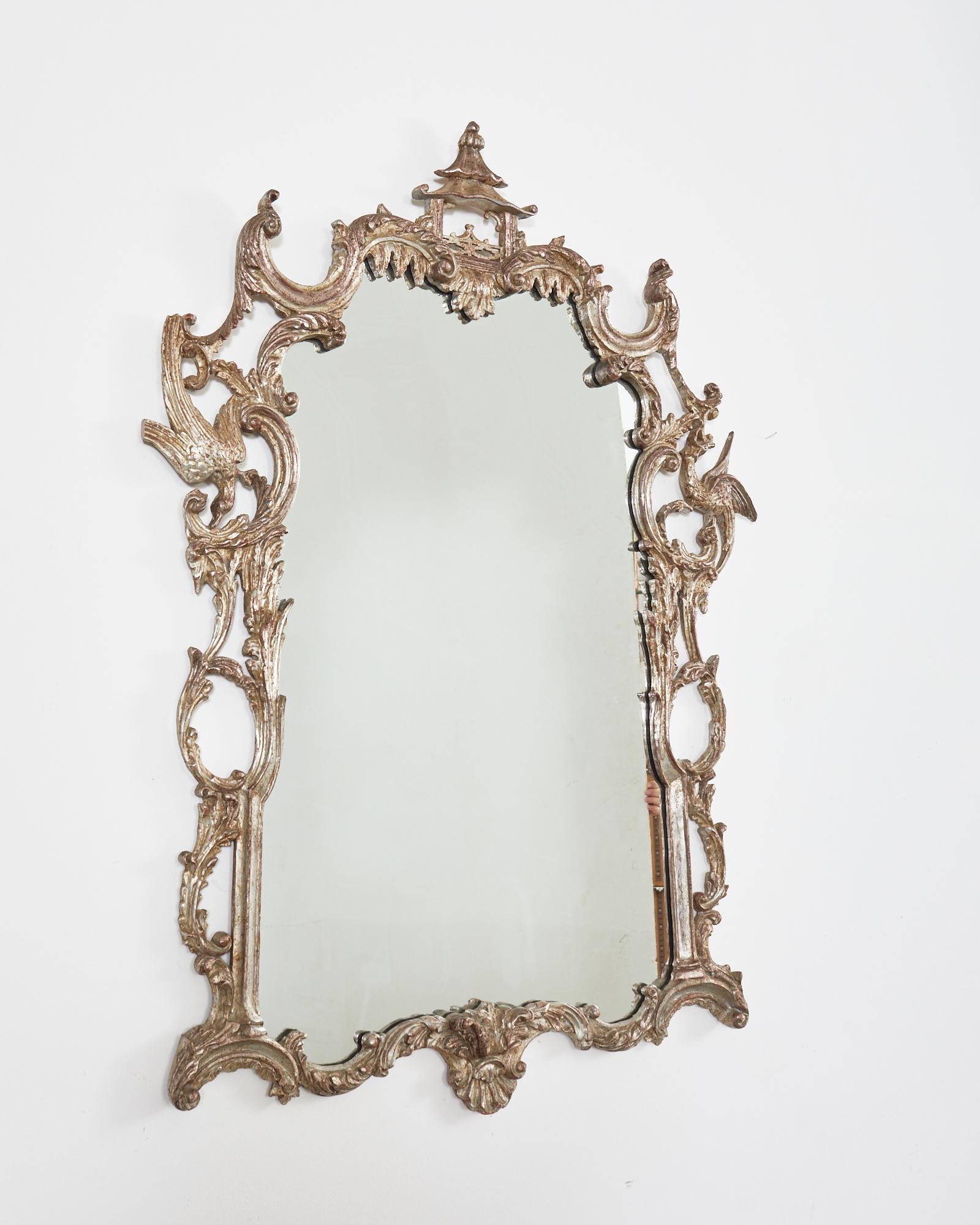 Chinese Chippendale Style Silver Gilt Pagoda Mirror with HoHo Birds 7