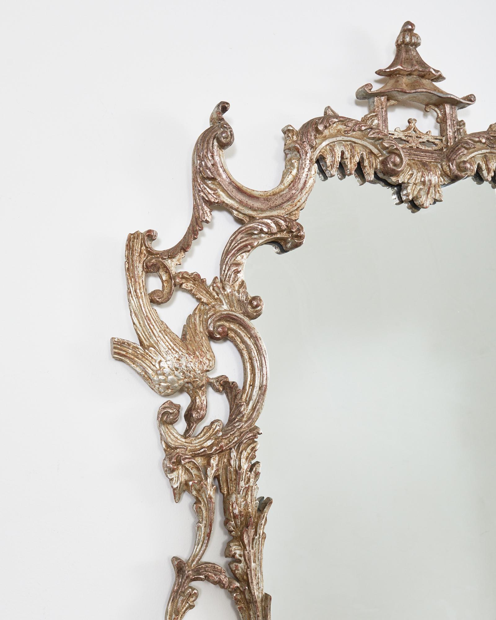 Chinese Chippendale Style Silver Gilt Pagoda Mirror with HoHo Birds For Sale 11