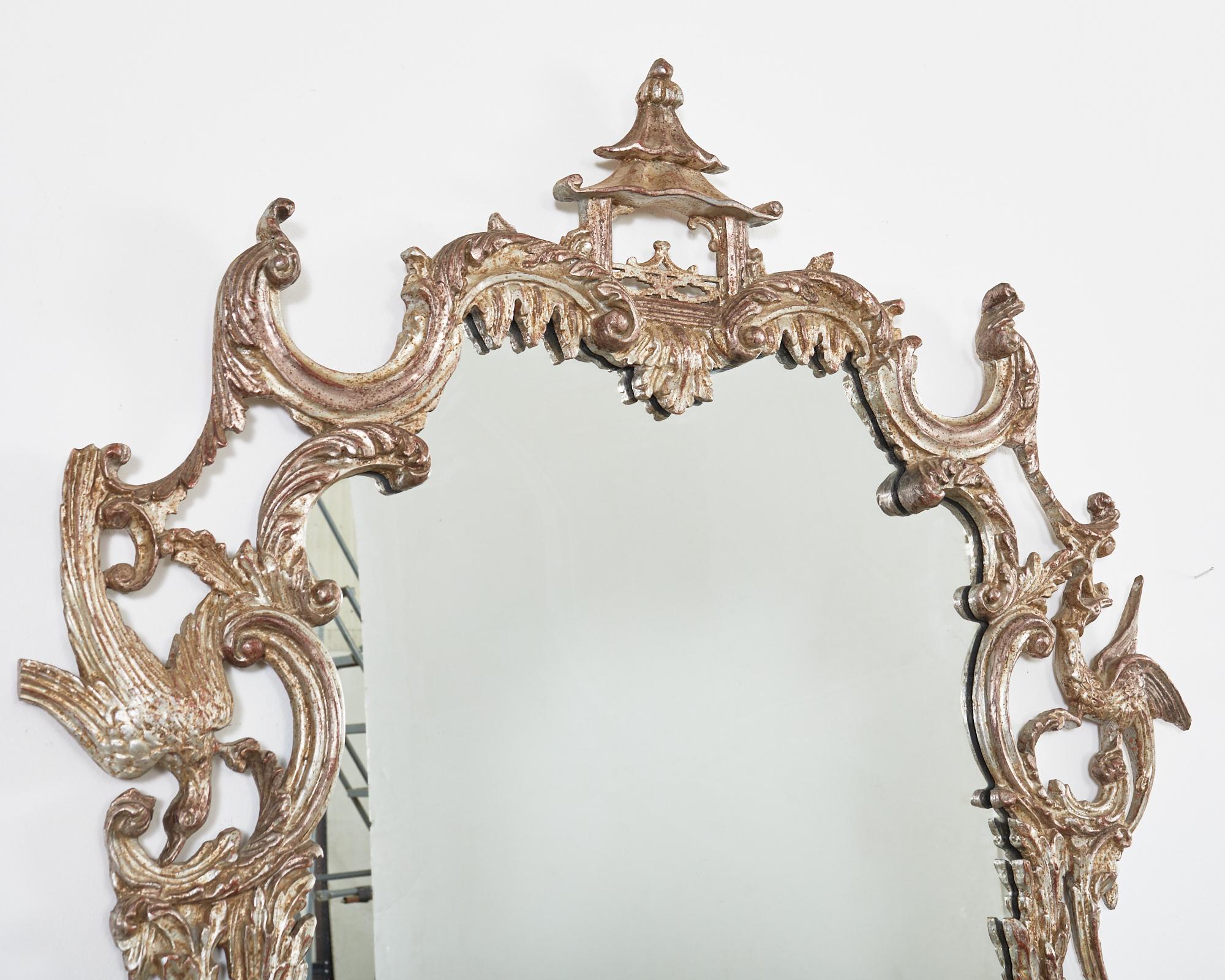 20th Century Chinese Chippendale Style Silver Gilt Pagoda Mirror with HoHo Birds For Sale