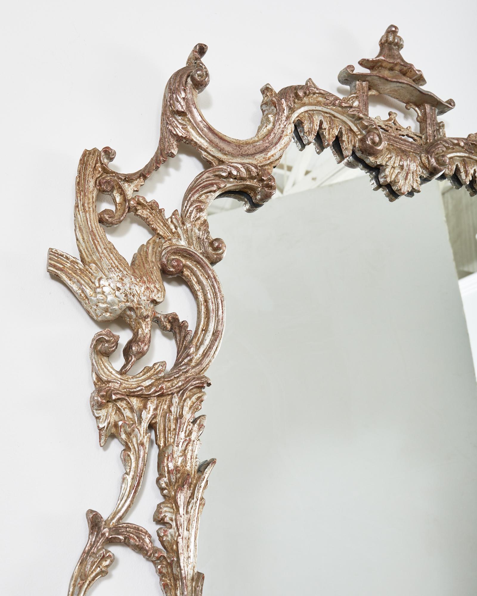 Chinese Chippendale Style Silver Gilt Pagoda Mirror with HoHo Birds For Sale 1