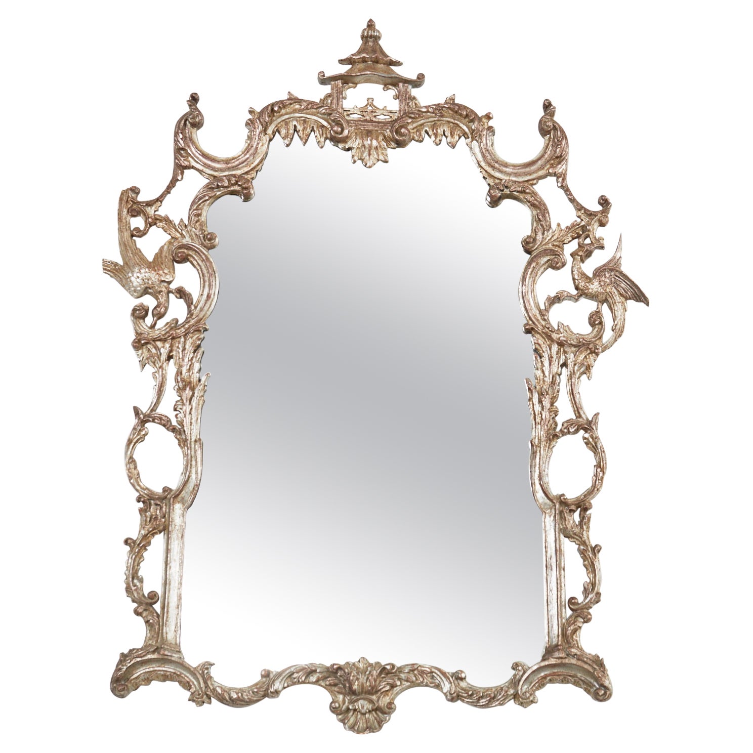 Chinese Chippendale Style Silver Gilt Pagoda Mirror with HoHo Birds