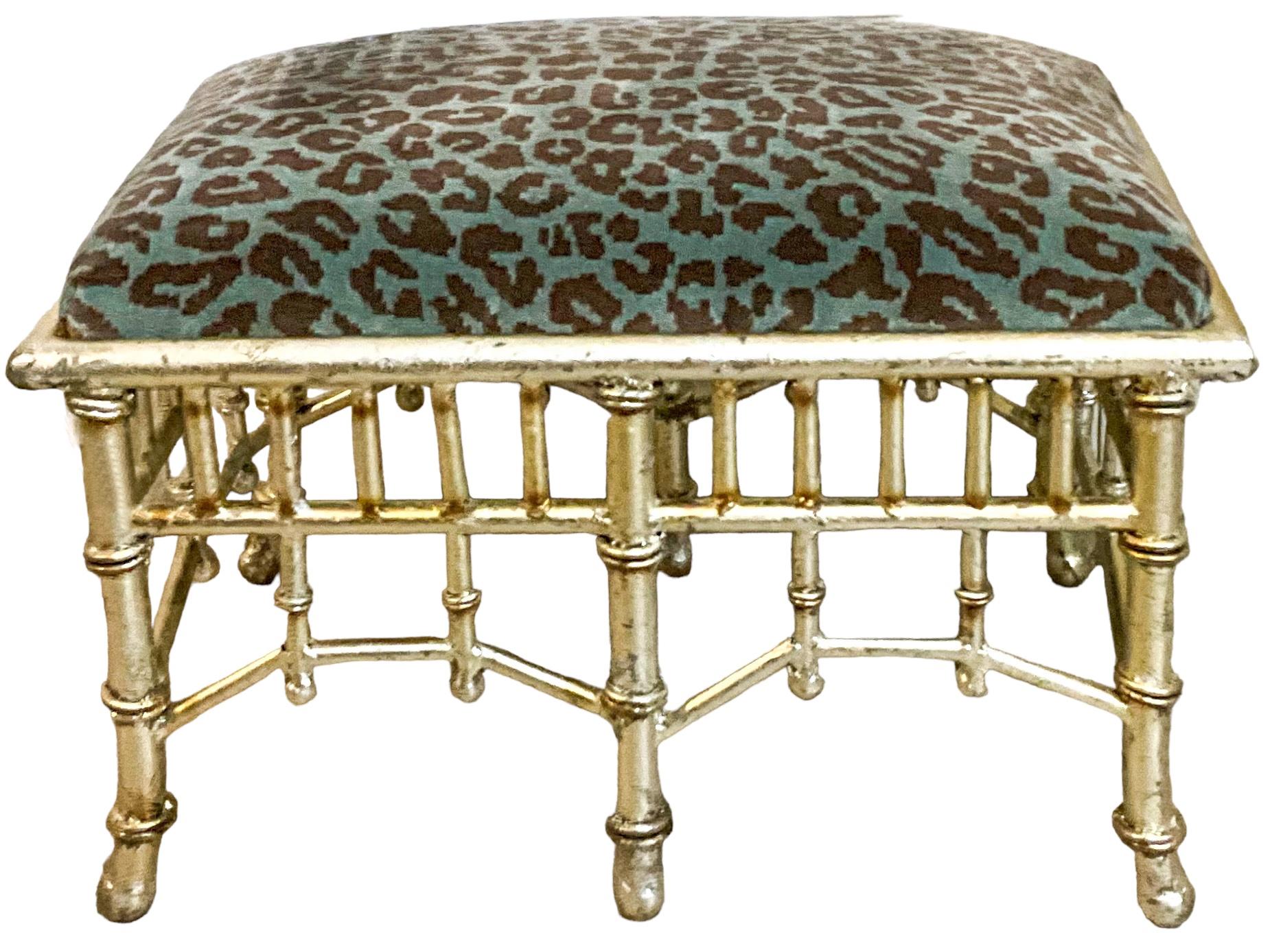 Italian Chinese Chippendale Style Silver Gilt Tole Turquoise Leopard Velvet Ottoman  For Sale