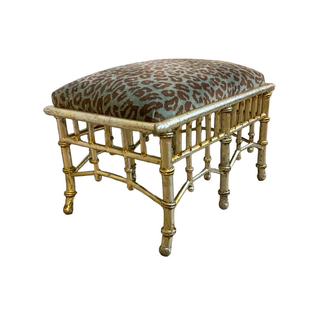 Chinese Chippendale Style Silver Gilt Tole Turquoise Leopard Velvet Ottoman  In Good Condition For Sale In Kennesaw, GA