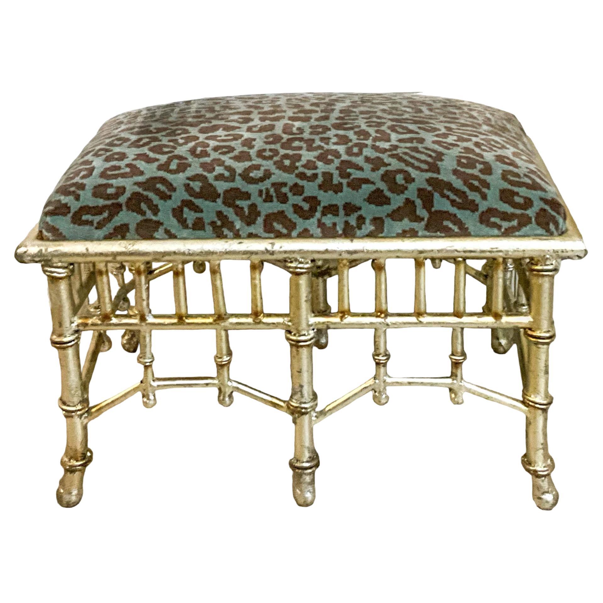 Chinese Chippendale Style Silver Gilt Tole Turquoise Leopard Velvet Ottoman  For Sale