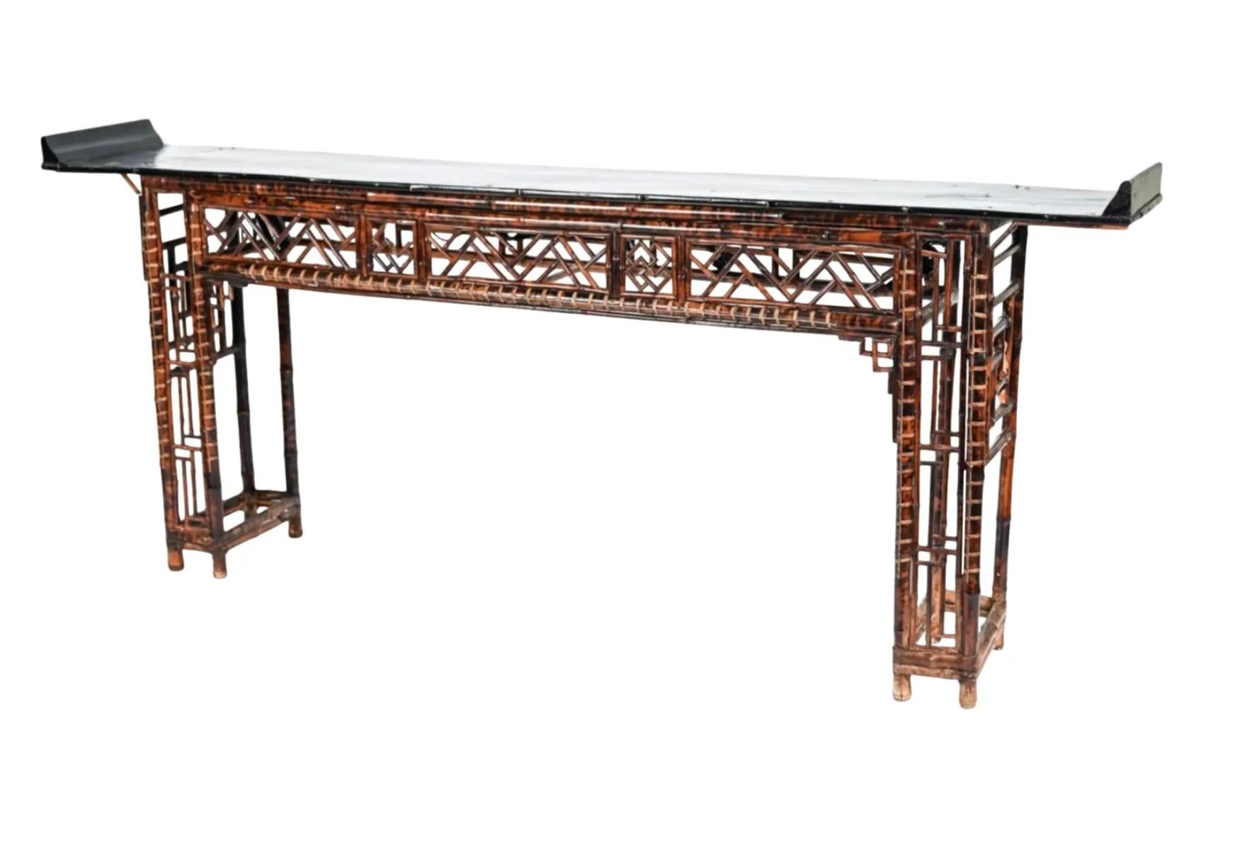 Chinese Chippendale Style Tortoise Bamboo Console Table 2