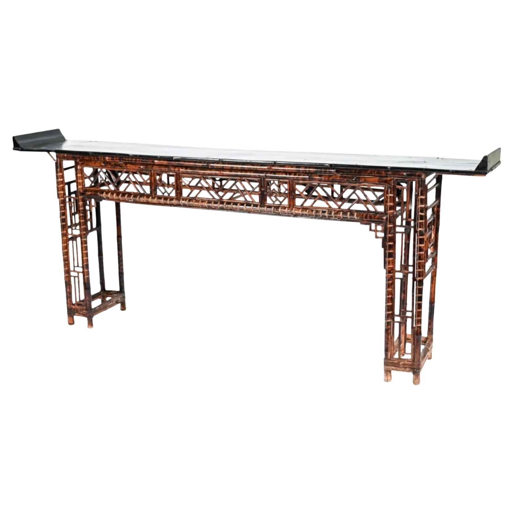 Chinese Chippendale Style Tortoise Bamboo Console Table