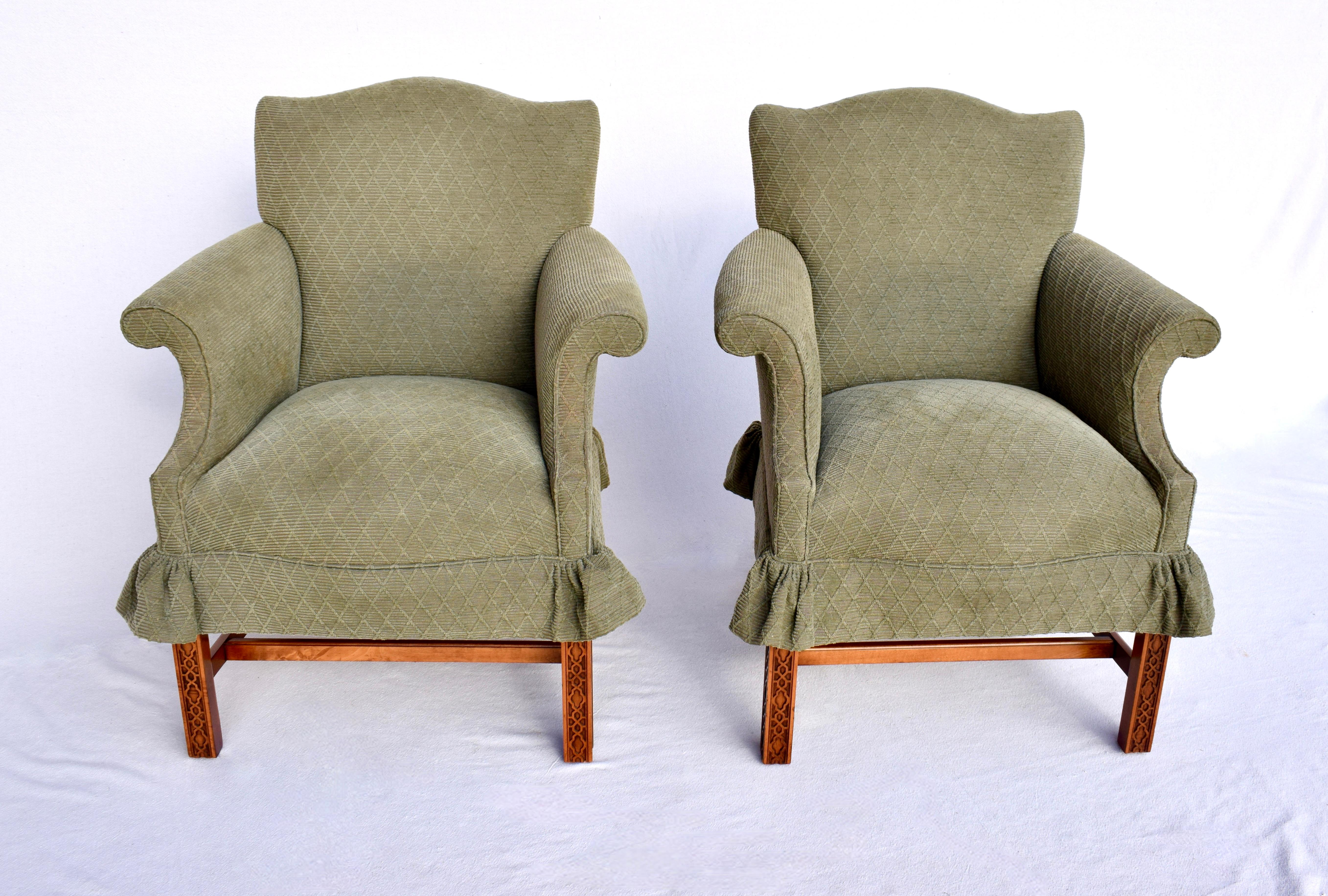 Chinese Chippendale Style Upholstered Wingback Chairs- Pair For Sale 5