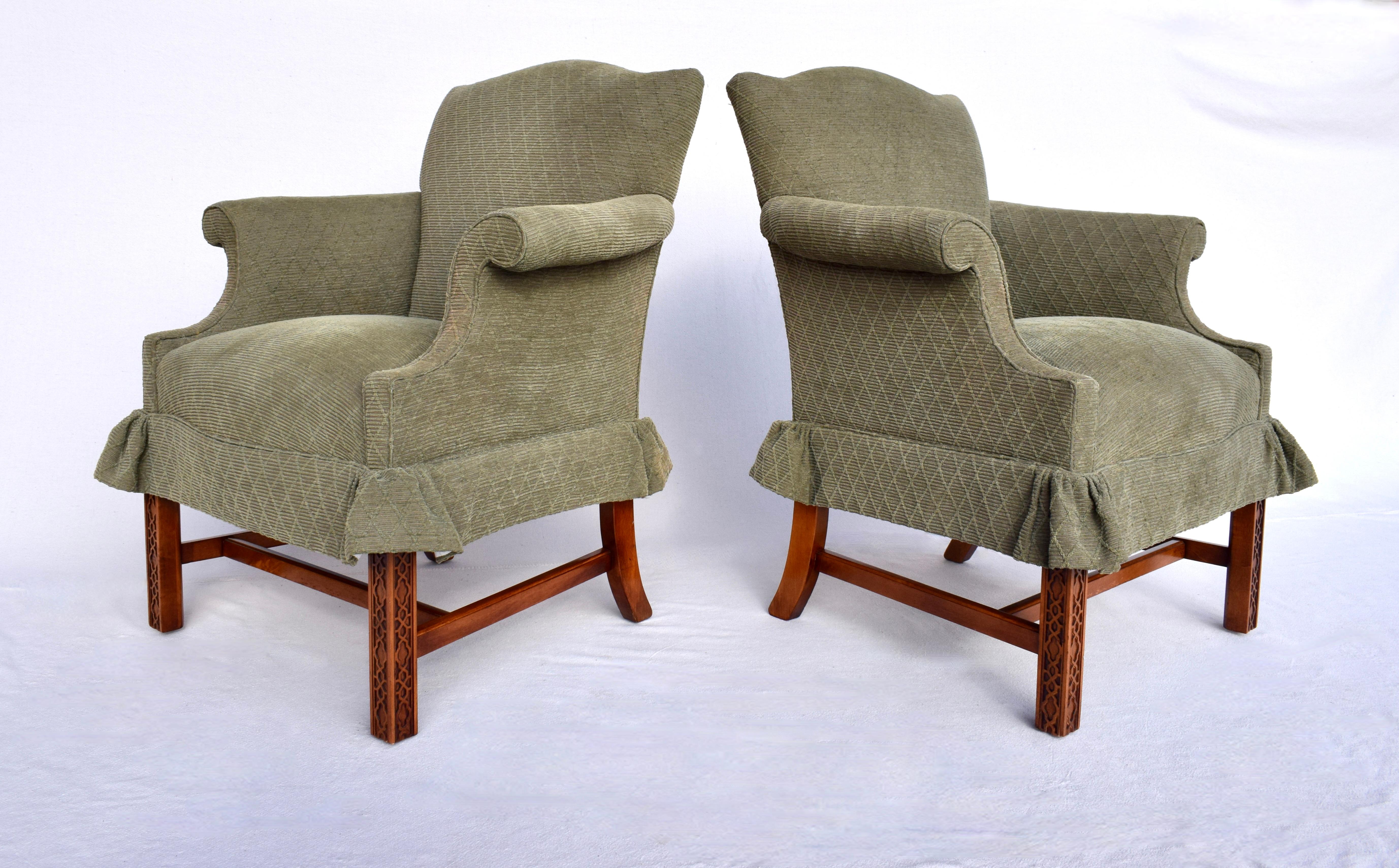 George III Chinese Chippendale Style Upholstered Wingback Chairs- Pair For Sale