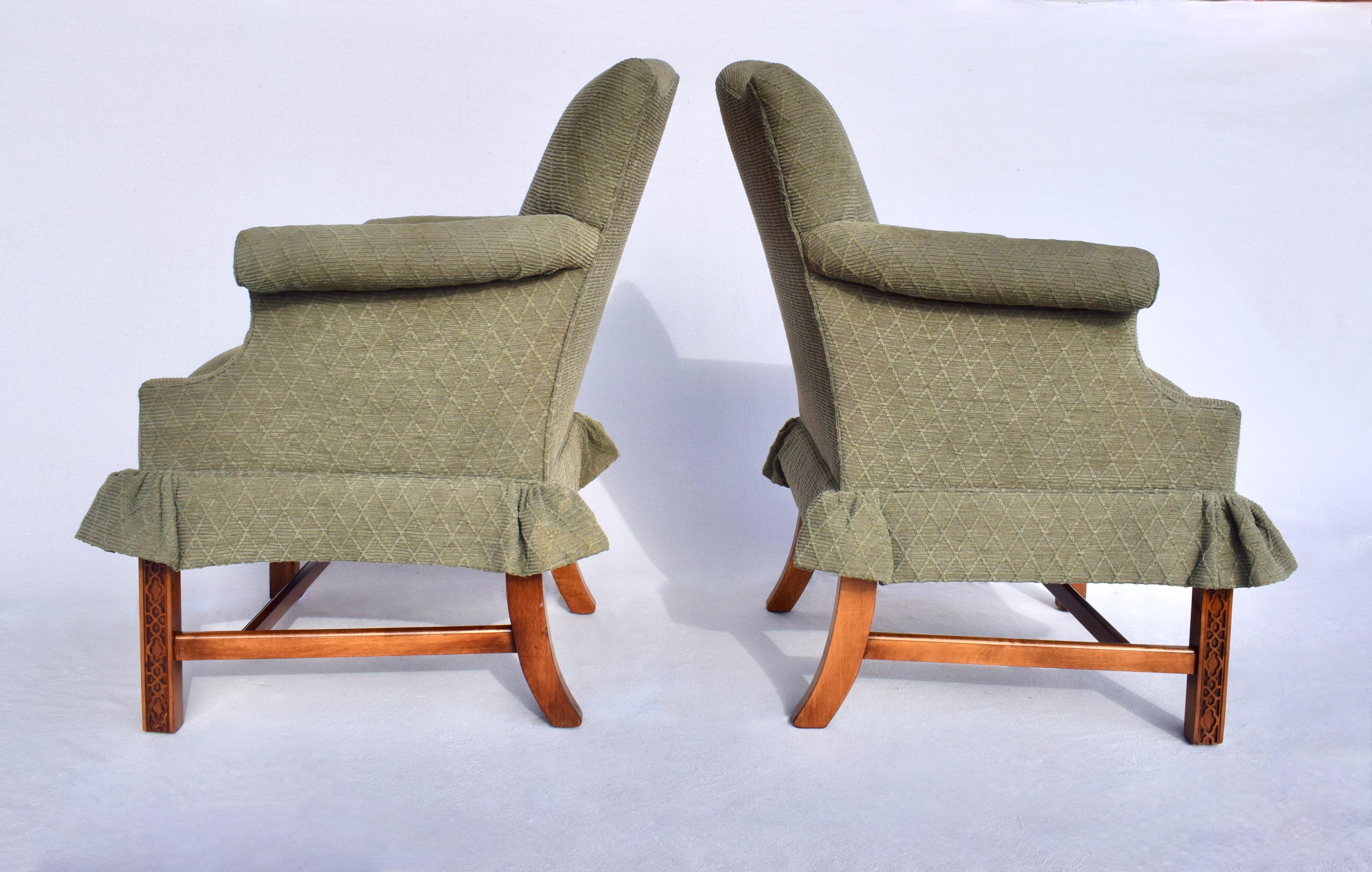American Chinese Chippendale Style Upholstered Wingback Chairs- Pair For Sale