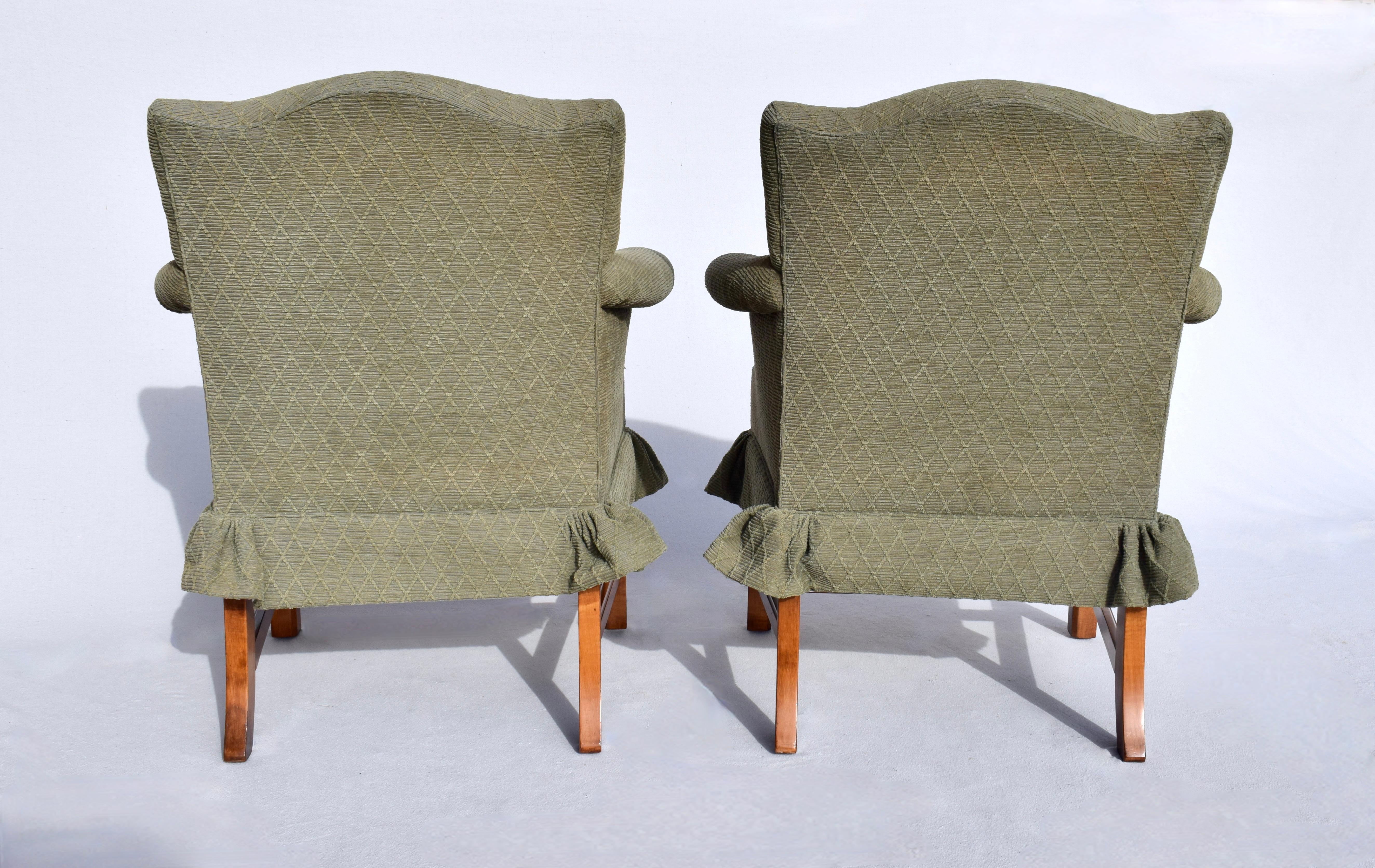 Chinese Chippendale Style Upholstered Wingback Chairs- Pair In Good Condition For Sale In Southampton, NJ