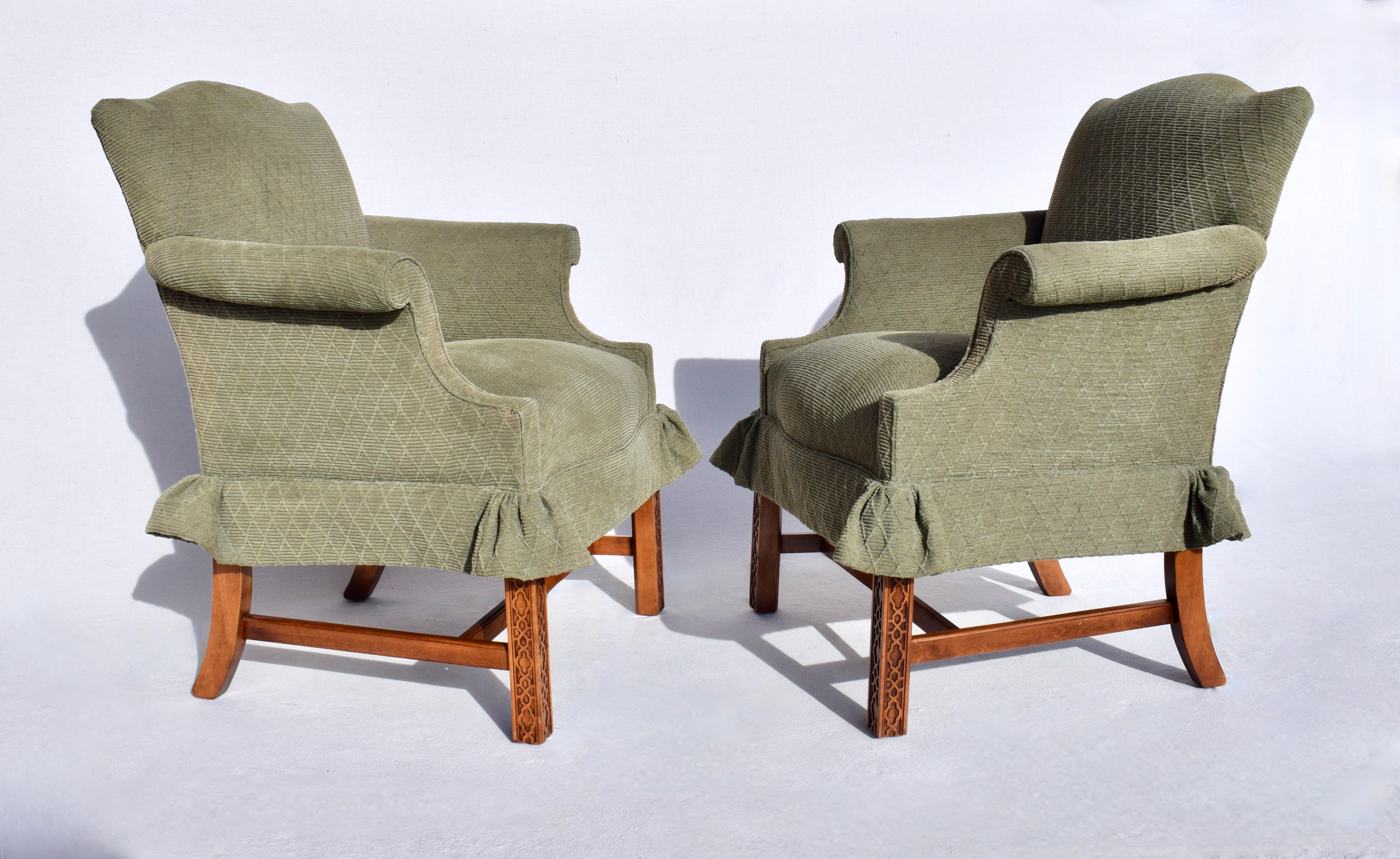 20th Century Chinese Chippendale Style Upholstered Wingback Chairs- Pair For Sale