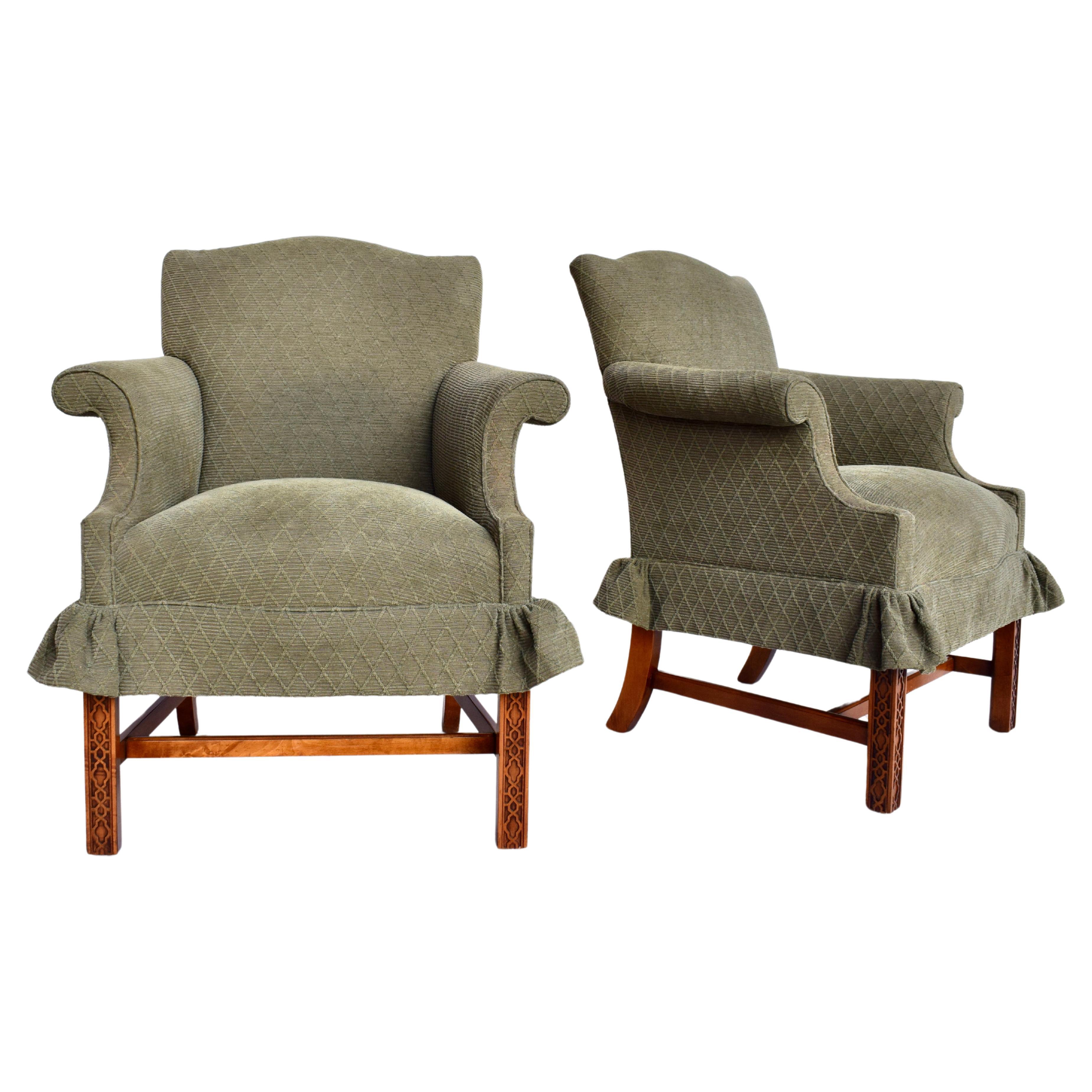 Chinese Chippendale Style Upholstered Wingback Chairs- Pair For Sale