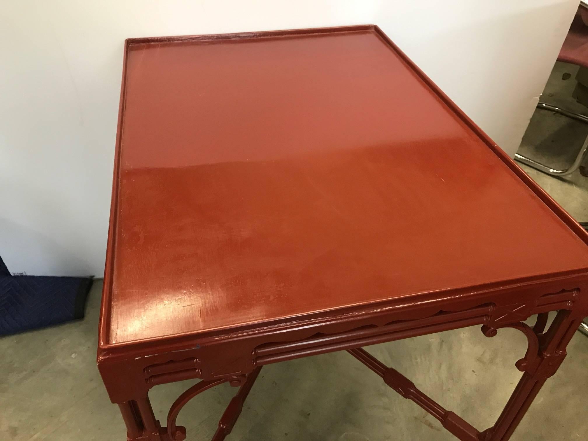 Chinese Chippendale Tea Table in Cinnabar Red In Excellent Condition In Lambertville, NJ