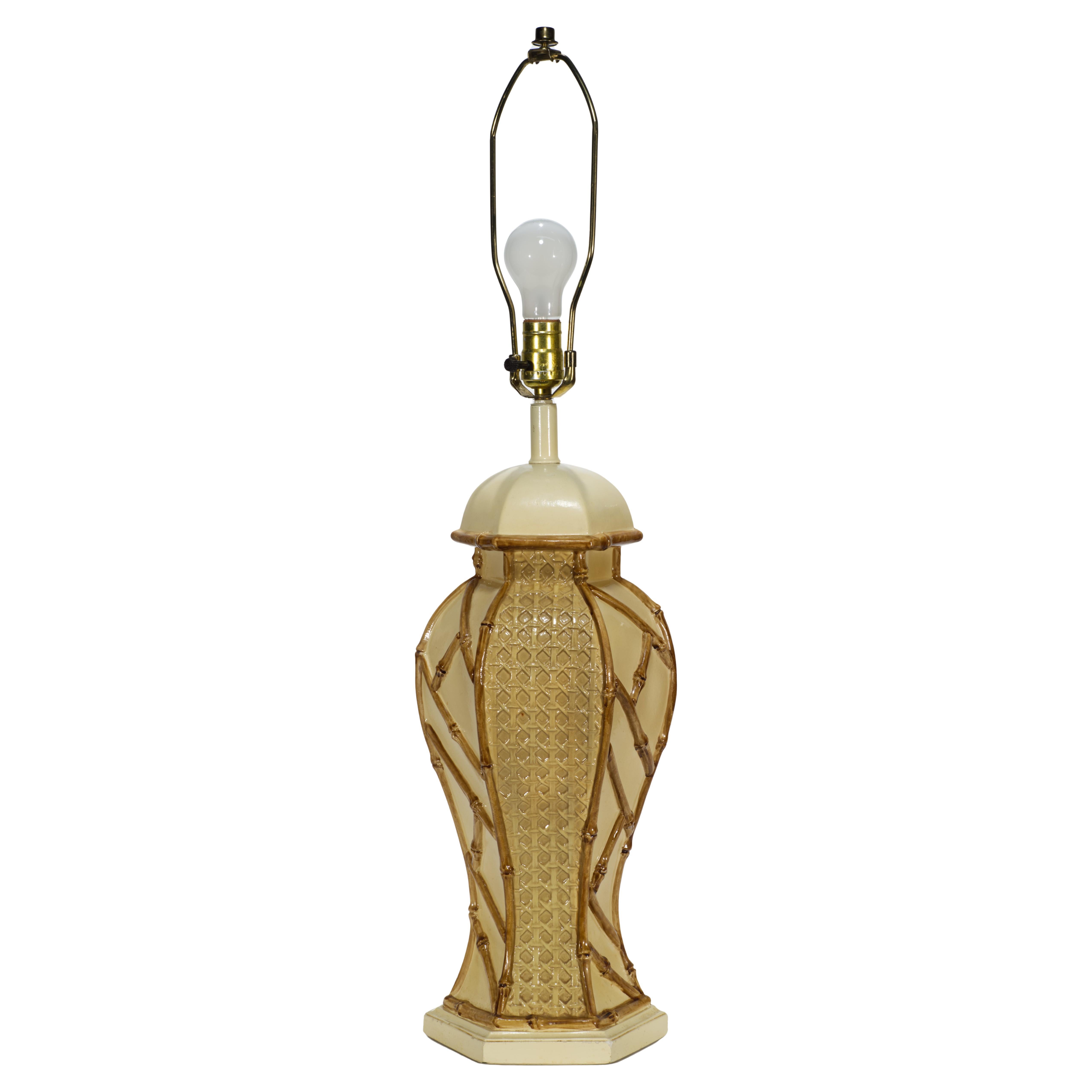 Chinese Chippendale Urn Table Lamp Yellow & Brown Bamboo Decor For Sale