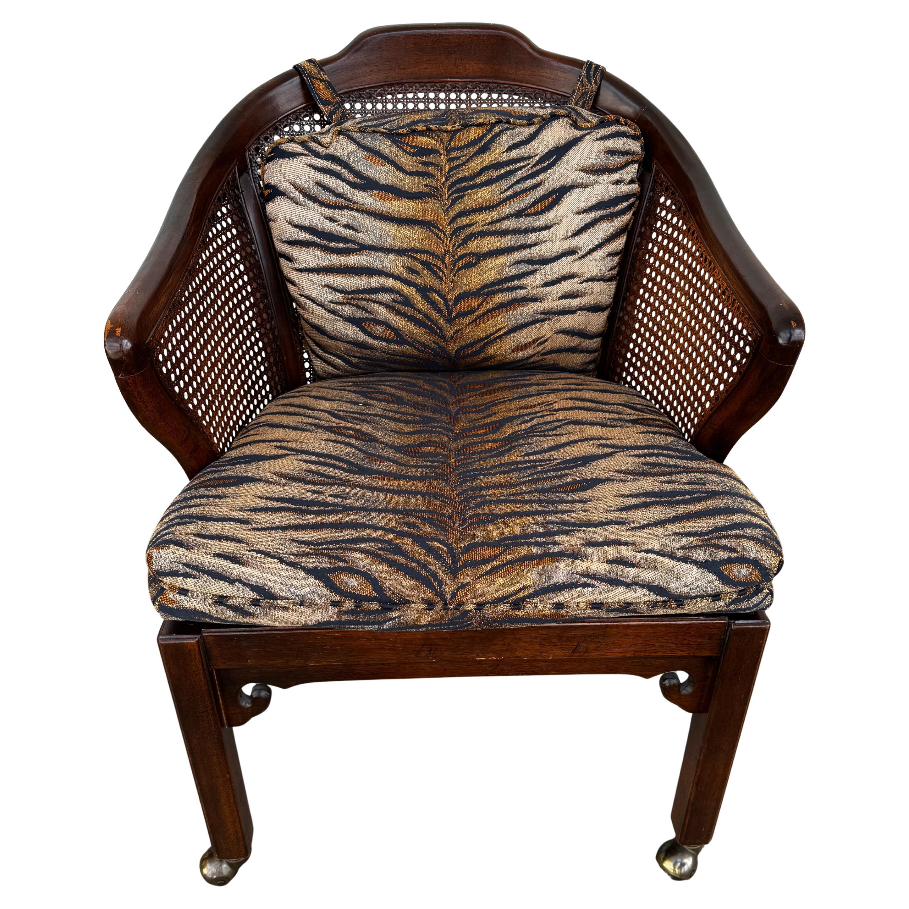 Chinese Chippendale Walnut and Cane Armchair on Casters For Sale
