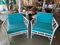 Chinese Chippendale White Metal Faux Bamboo Lounge Arm Chairs Patio Restored