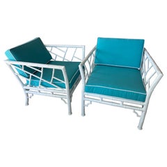 Chinese Chippendale White Metal Faux Bamboo Lounge Arm Chairs Patio Restored