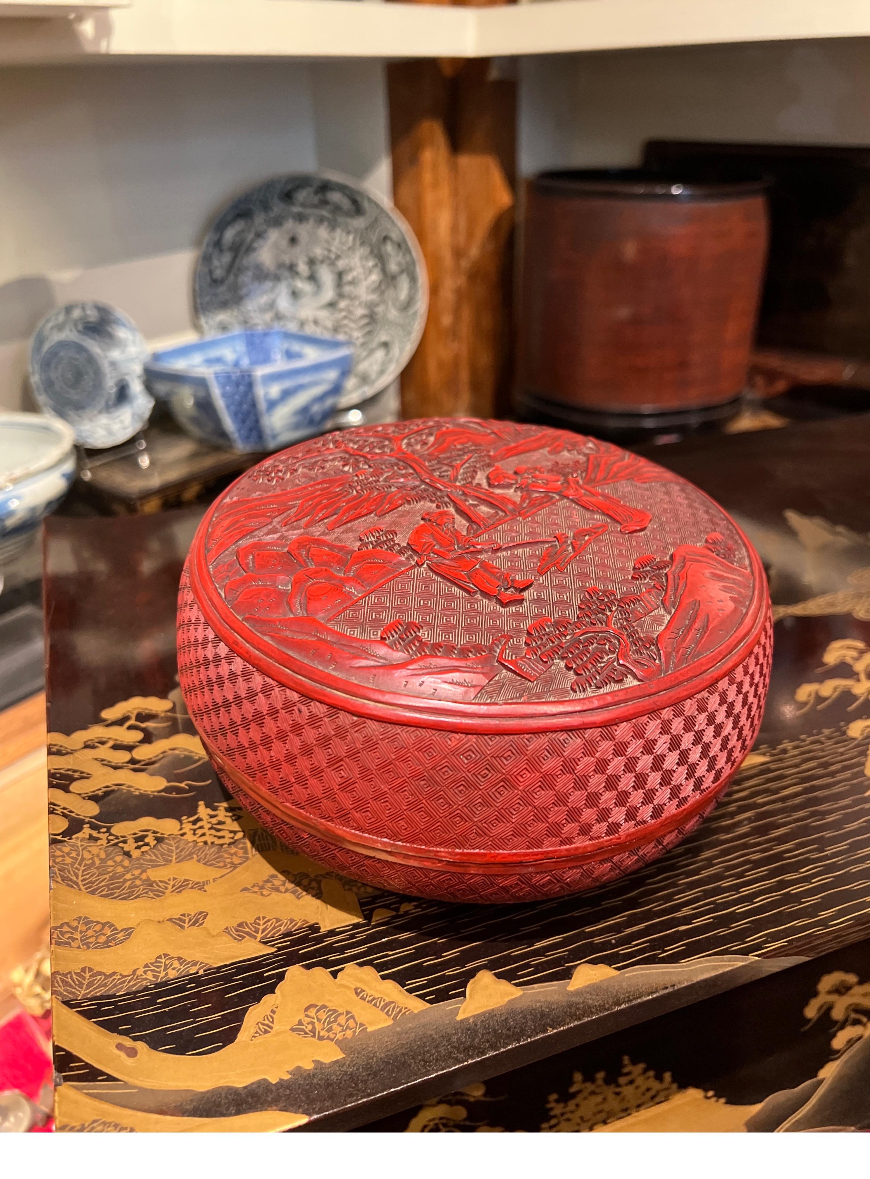 19th Century Chinese Cinabar Lacquer Hand Carved Box, China, Qing Dynasty 19th c. For Sale