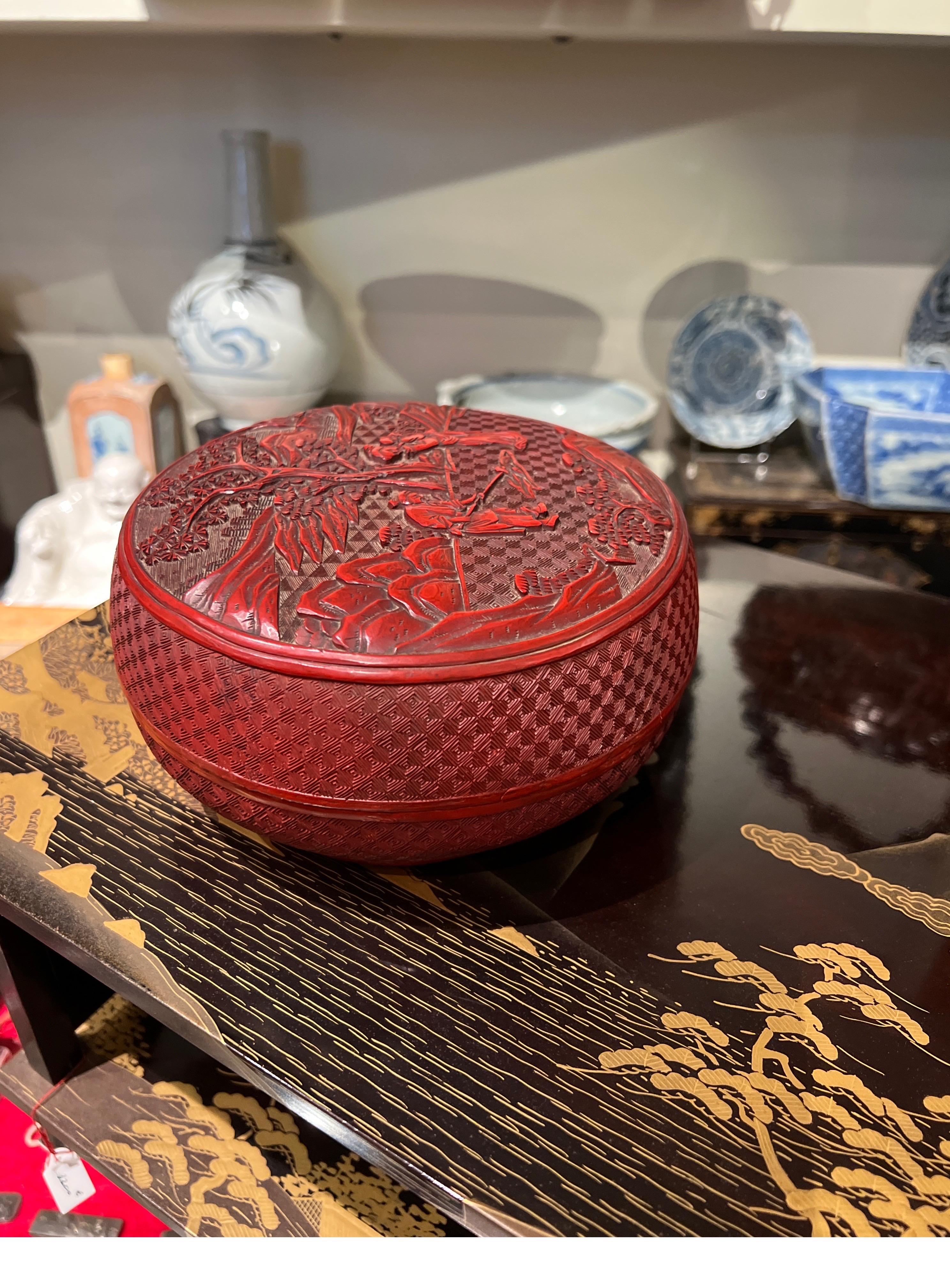 Chinese Cinabar Lacquer Hand Carved Box, China, Qing Dynasty 19th c. For Sale 1