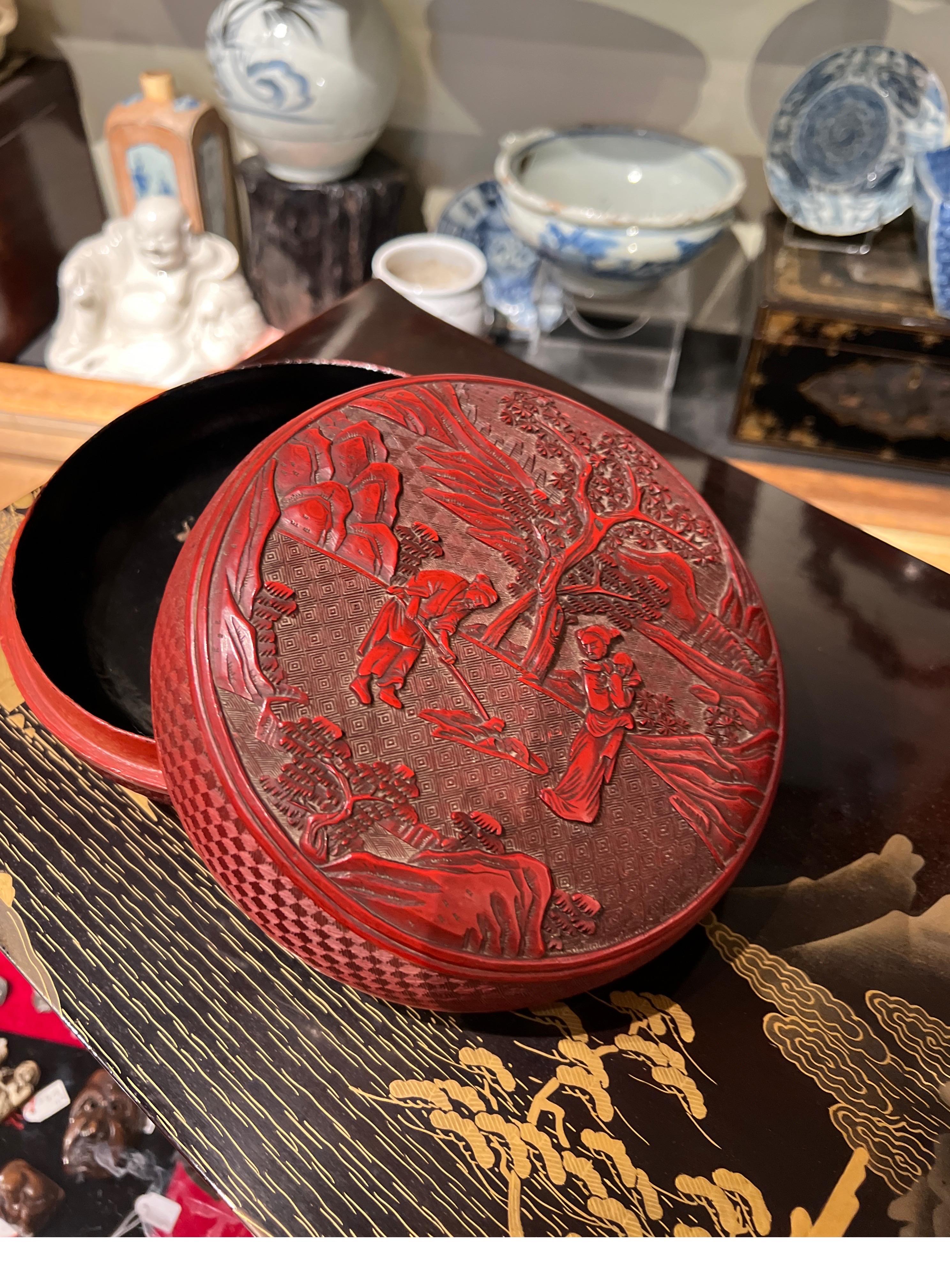 Chinese Cinabar Lacquer Hand Carved Box, China, Qing Dynasty 19th c. For Sale 3