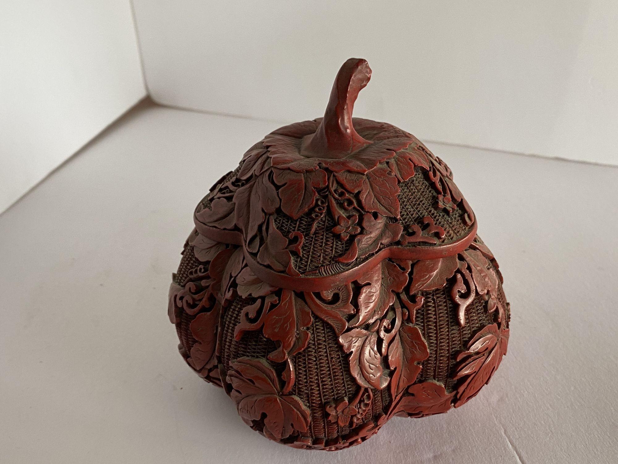 Chinese Cinnabar Box Carved Pumpkin Shaped Lidded Goard In Excellent Condition In Van Nuys, CA