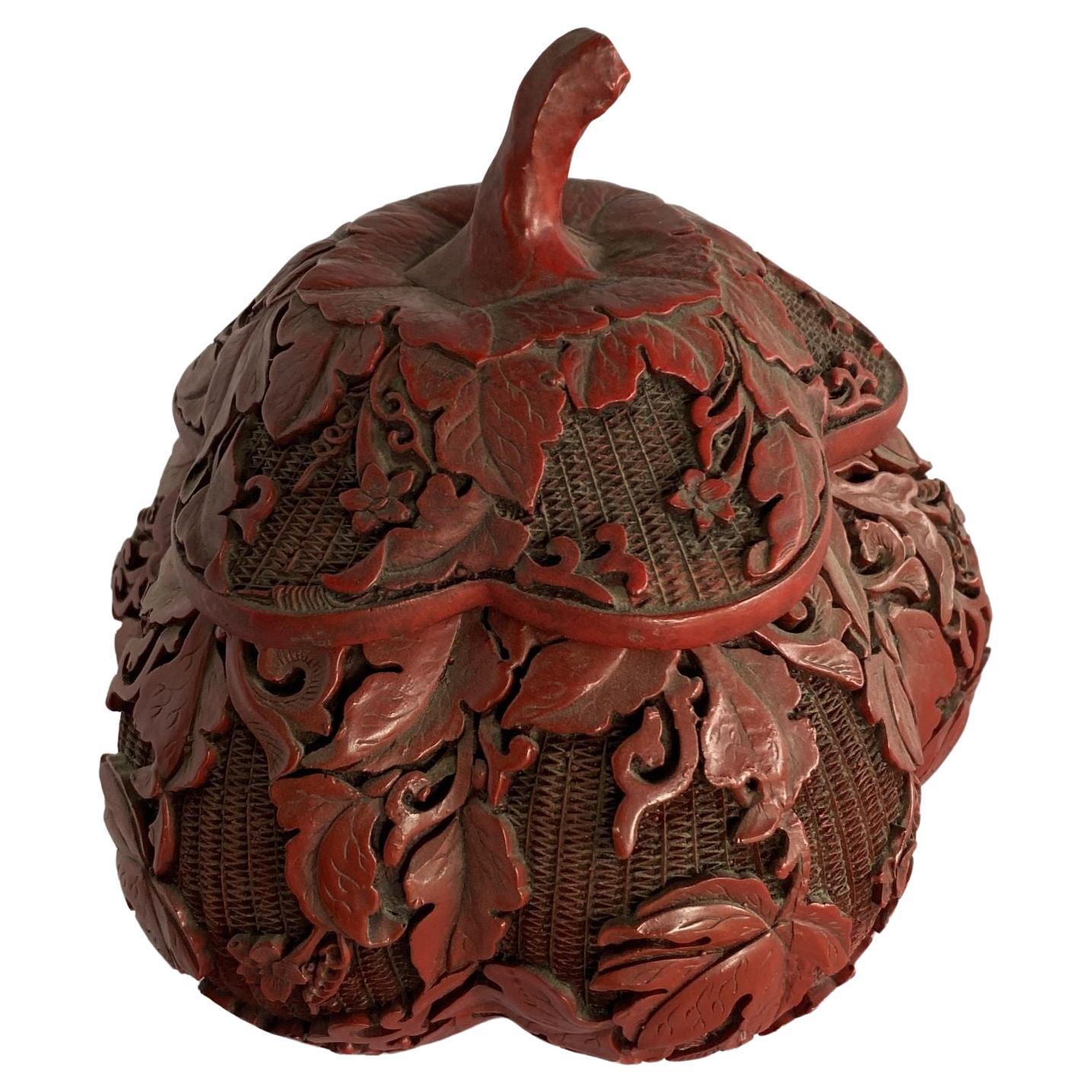 Chinese Cinnabar Box Carved Pumpkin Shaped Lidded Goard