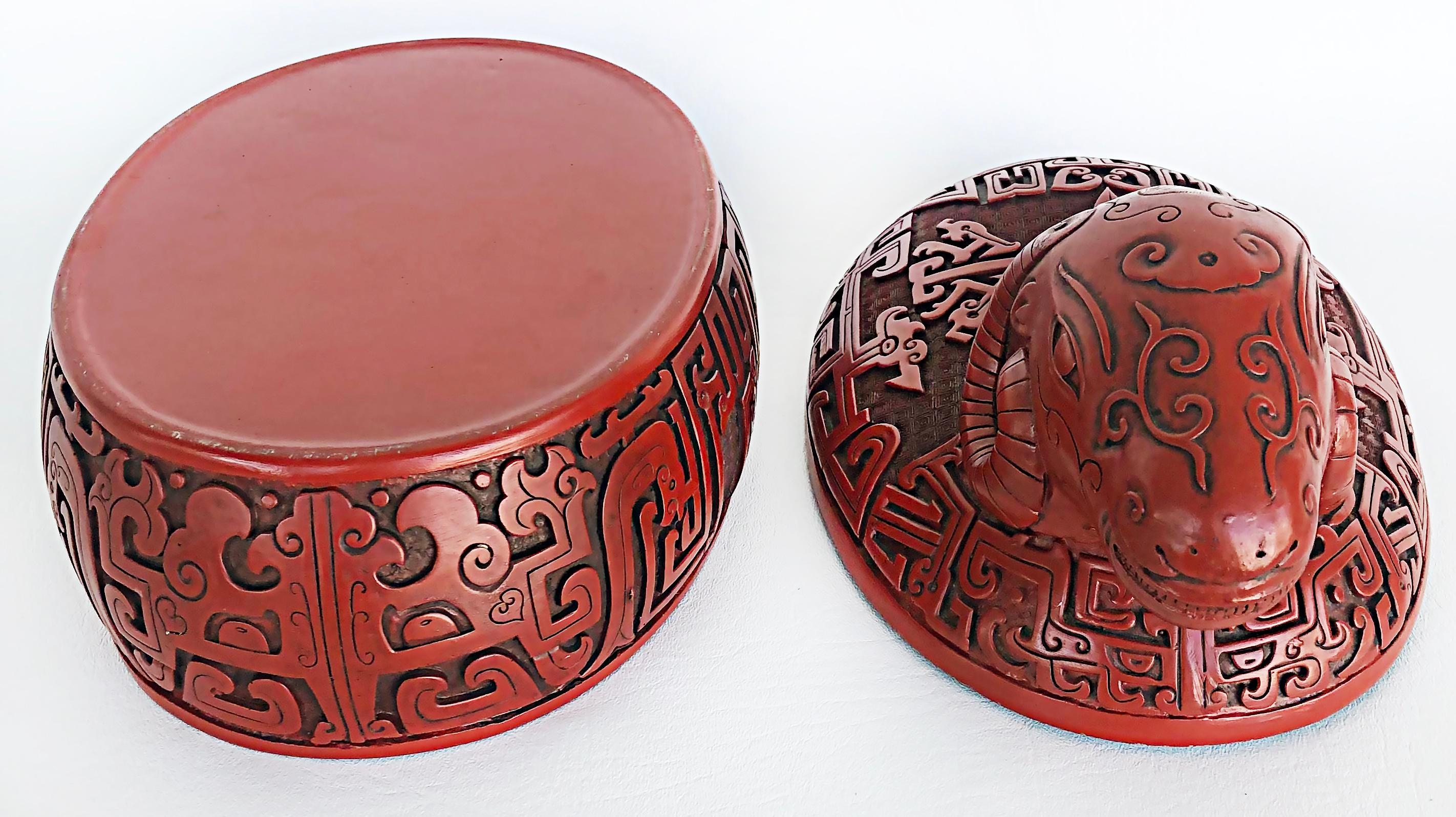 Chinese Cinnabar Carved Ram Covered Box with Lacquered Interior 2