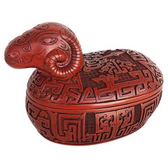 Chinese Cinnabar Carved Ram Covered Box with Lacquered Interior