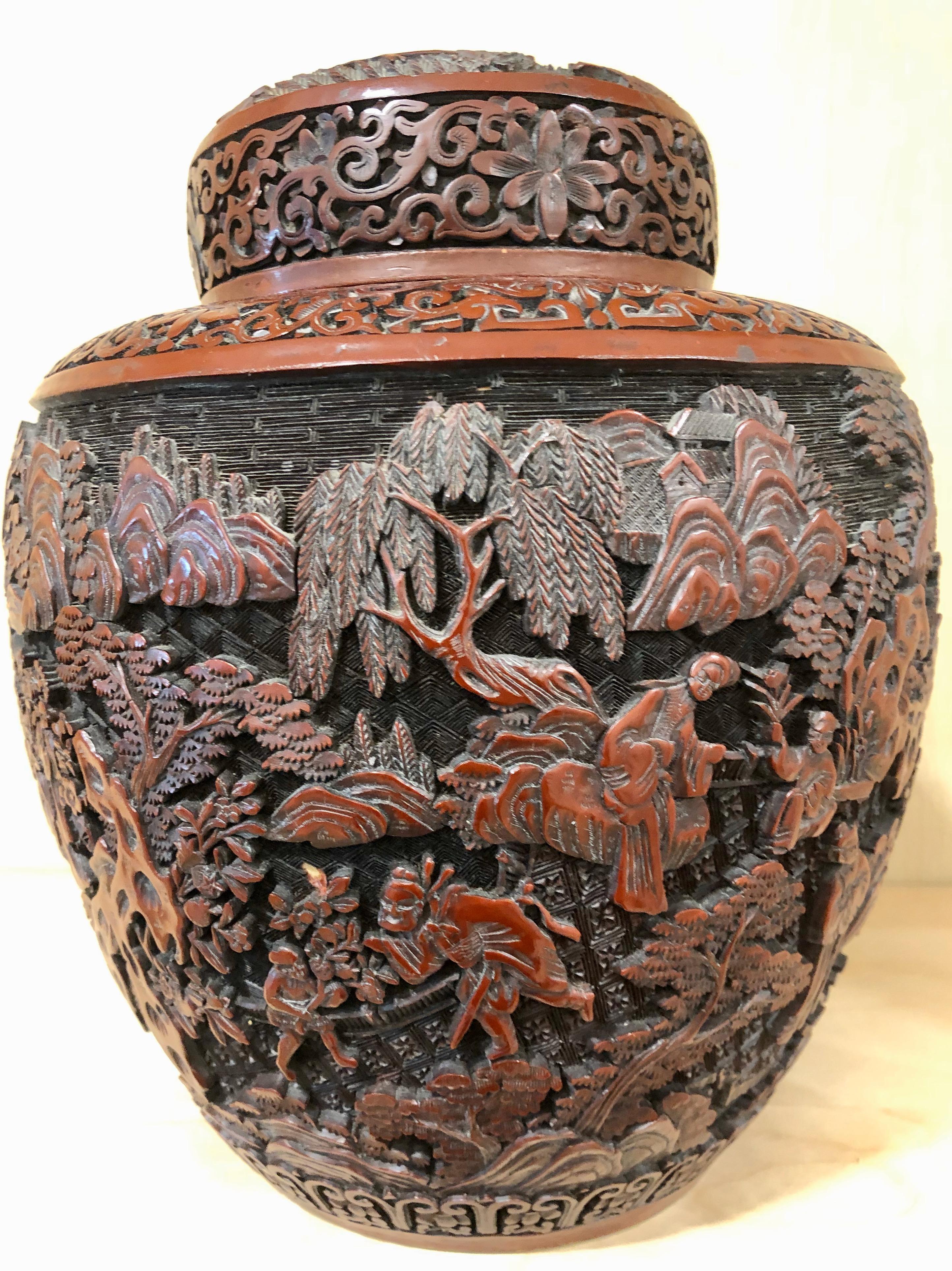 Chinesisches Cinnabar-Deckelglas mit Deckel, spätes 19. Jahrhundert im Zustand „Gut“ im Angebot in Gainesville, FL