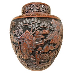 Antique Chinese Cinnabar Covered Jar, Late 19th Century