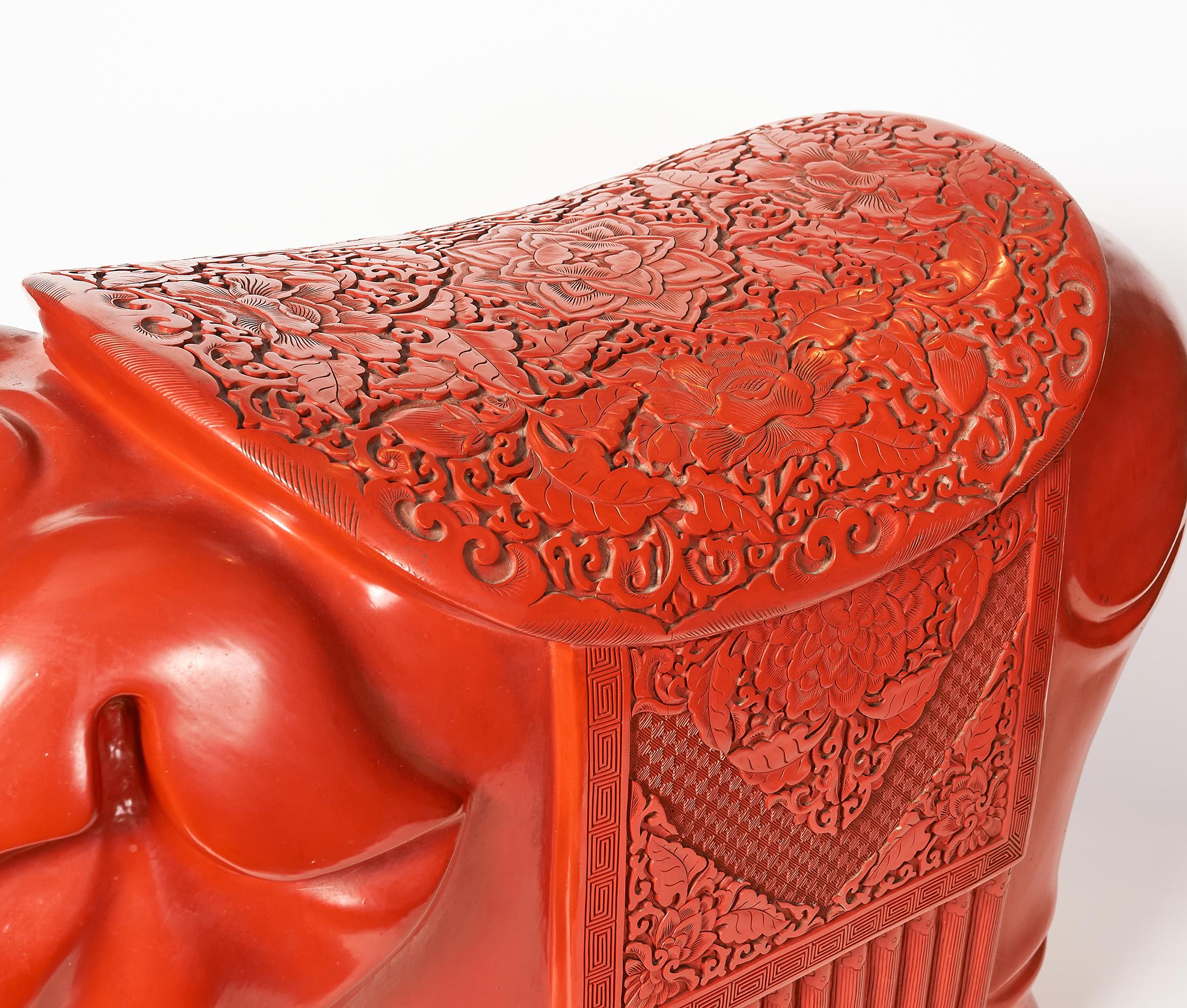 Chinese Cinnabar Elephant Garden Stool In Good Condition In Plymouth, MA
