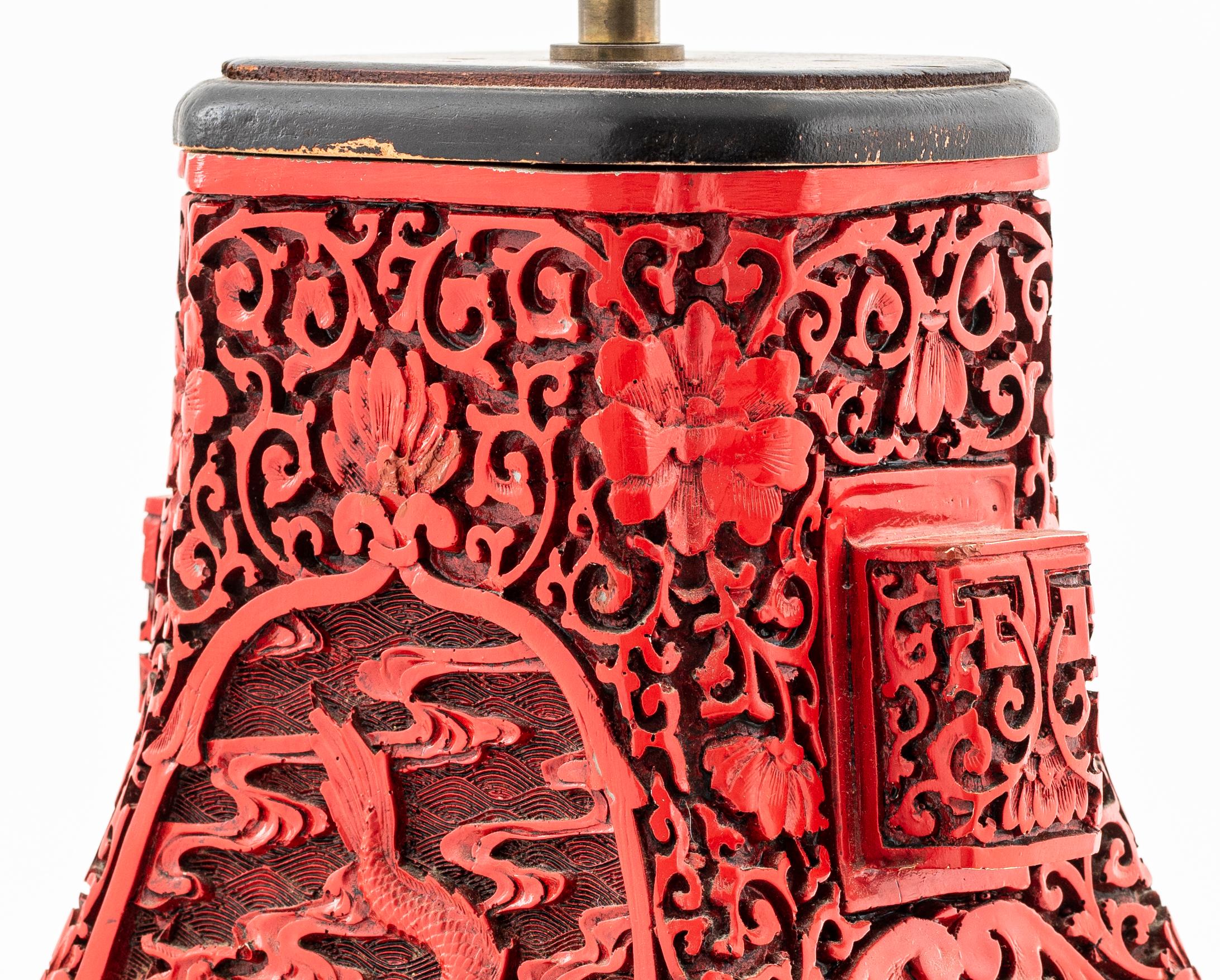 Chinese Cinnabar Lamp with Dragon Motif For Sale 4