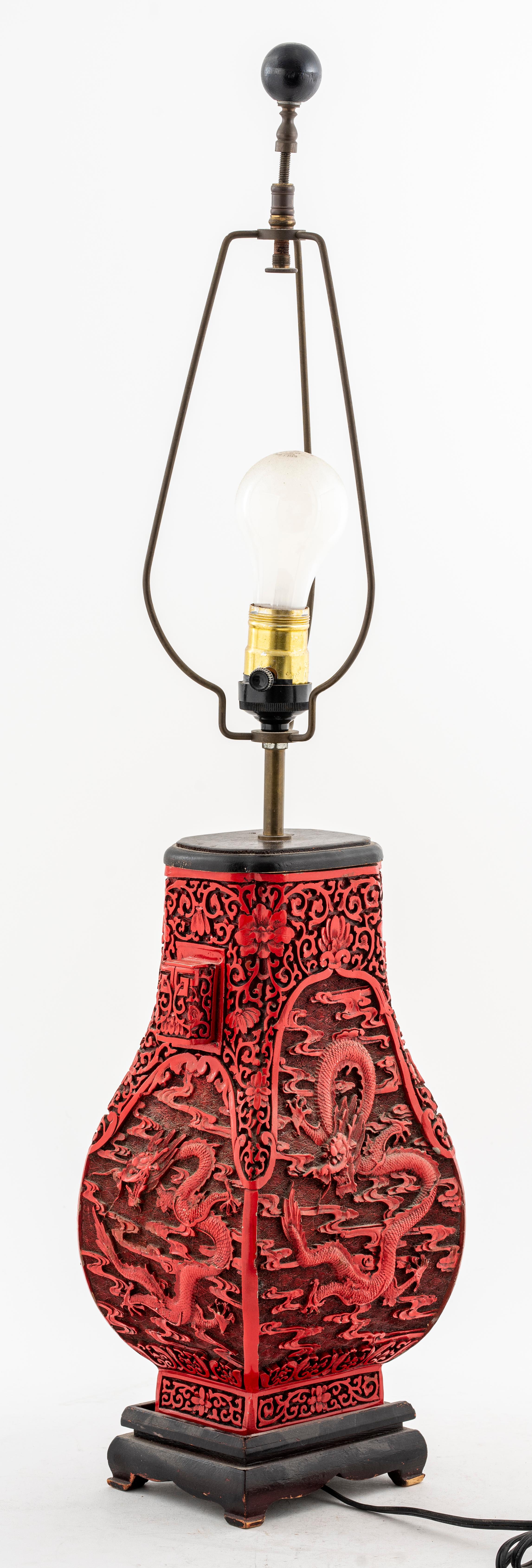 Chinese Cinnabar Lamp with Dragon Motif In Good Condition For Sale In New York, NY