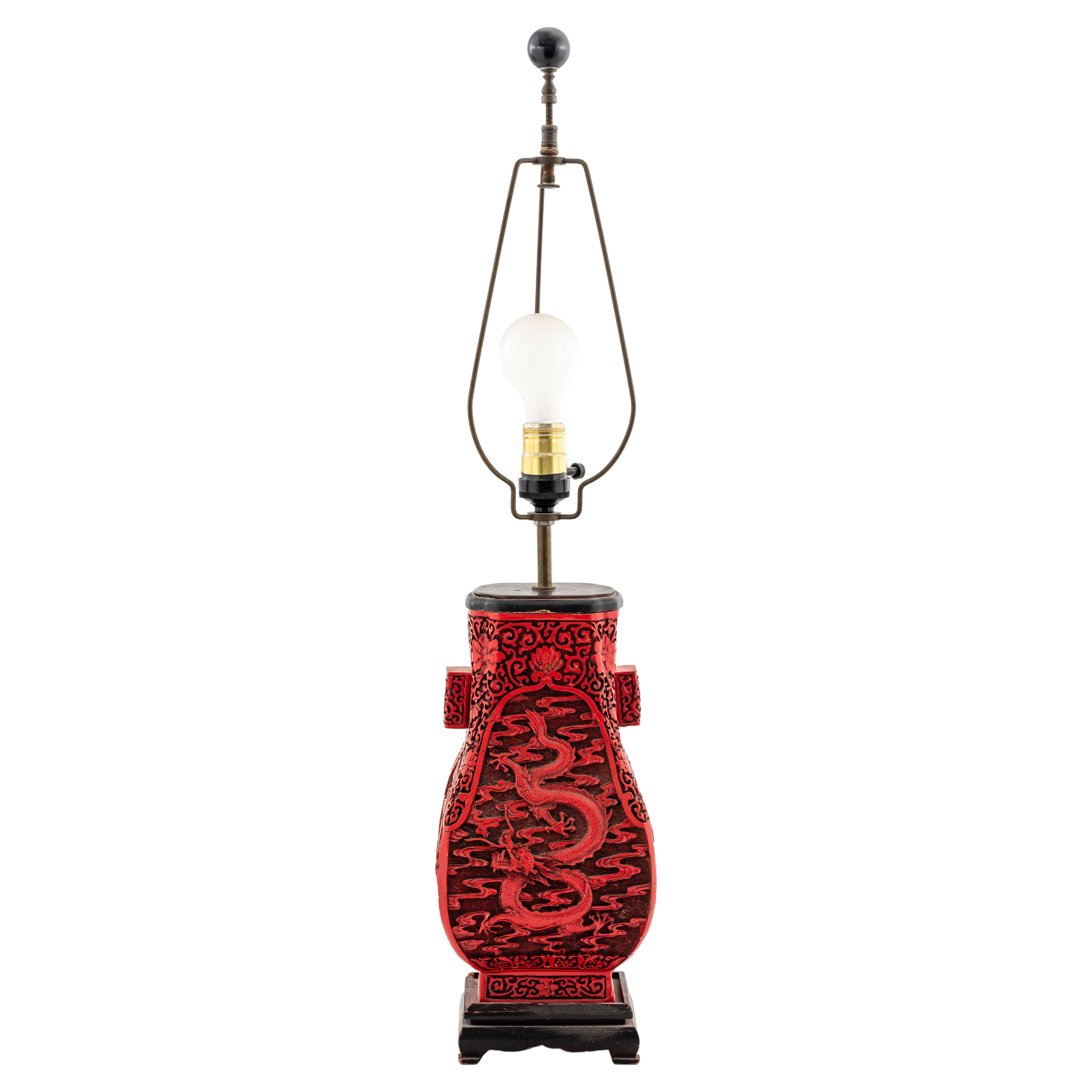 Chinese Cinnabar Lamp with Dragon Motif For Sale