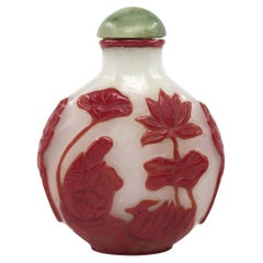 Chinese Cinnabar Red Glass Overlay Snuff Bottle Mandarin Duck Lotus Jade 20c ROC