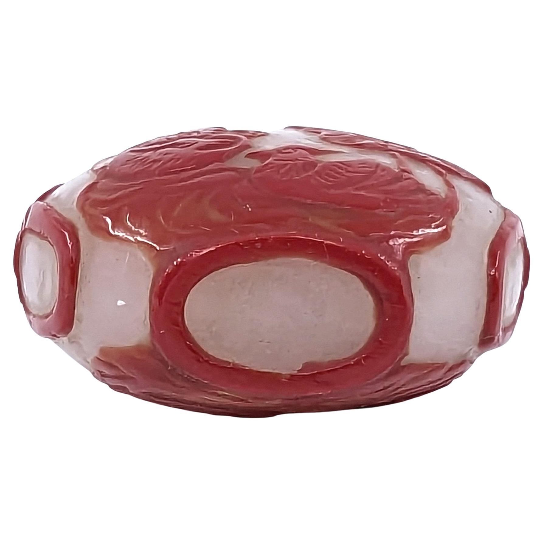 Qing Chinese Cinnabar Red Glass Overlay Snuff Bottle Mandarin Duck Lotus Jade 20c ROC For Sale