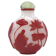 Chinese Cinnabar Red Glass Overlay Snuff Bottle Mandarin Duck Lotus Jade 20c ROC