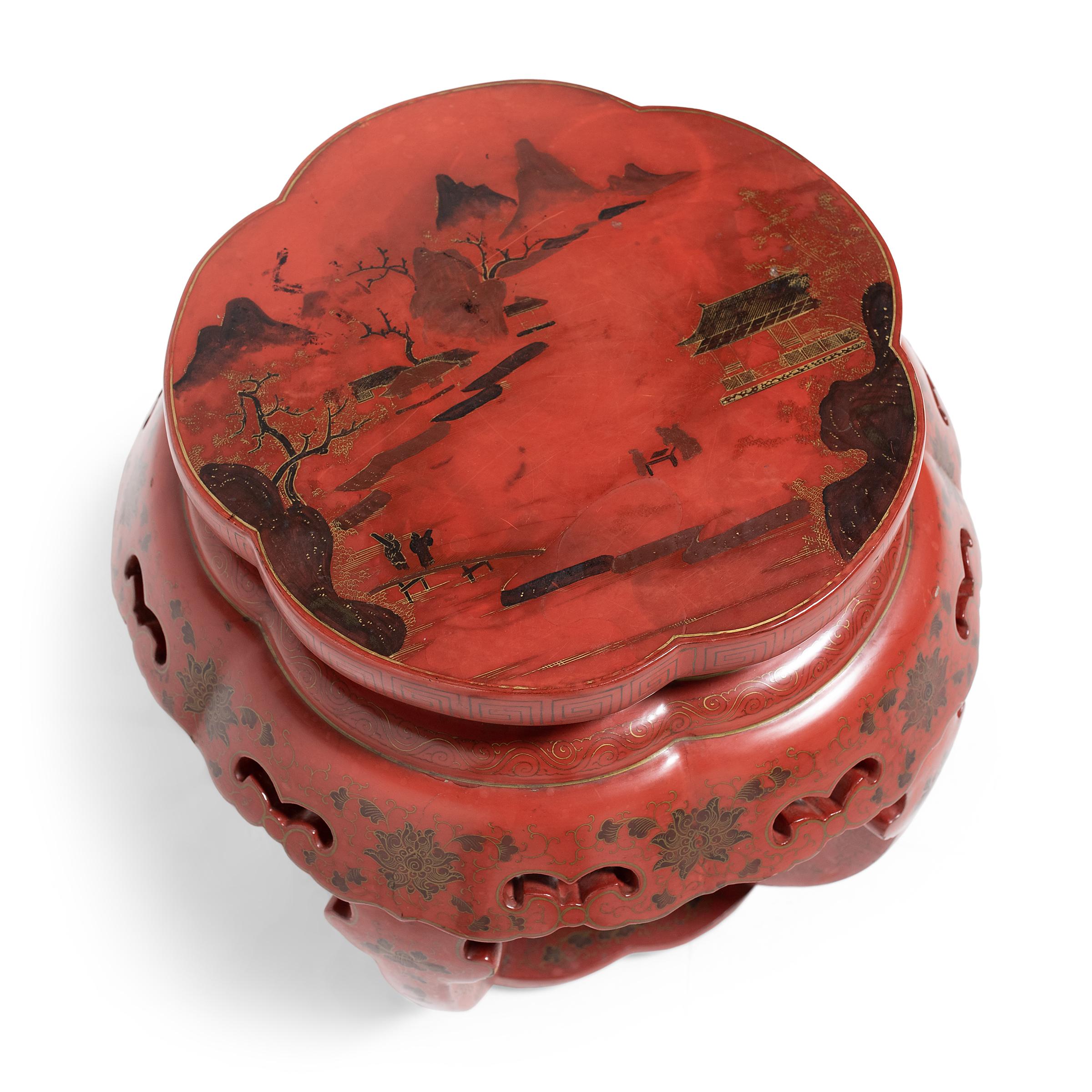 Lacquered Chinese Cinnabar Red Drum Stool, C. 1900