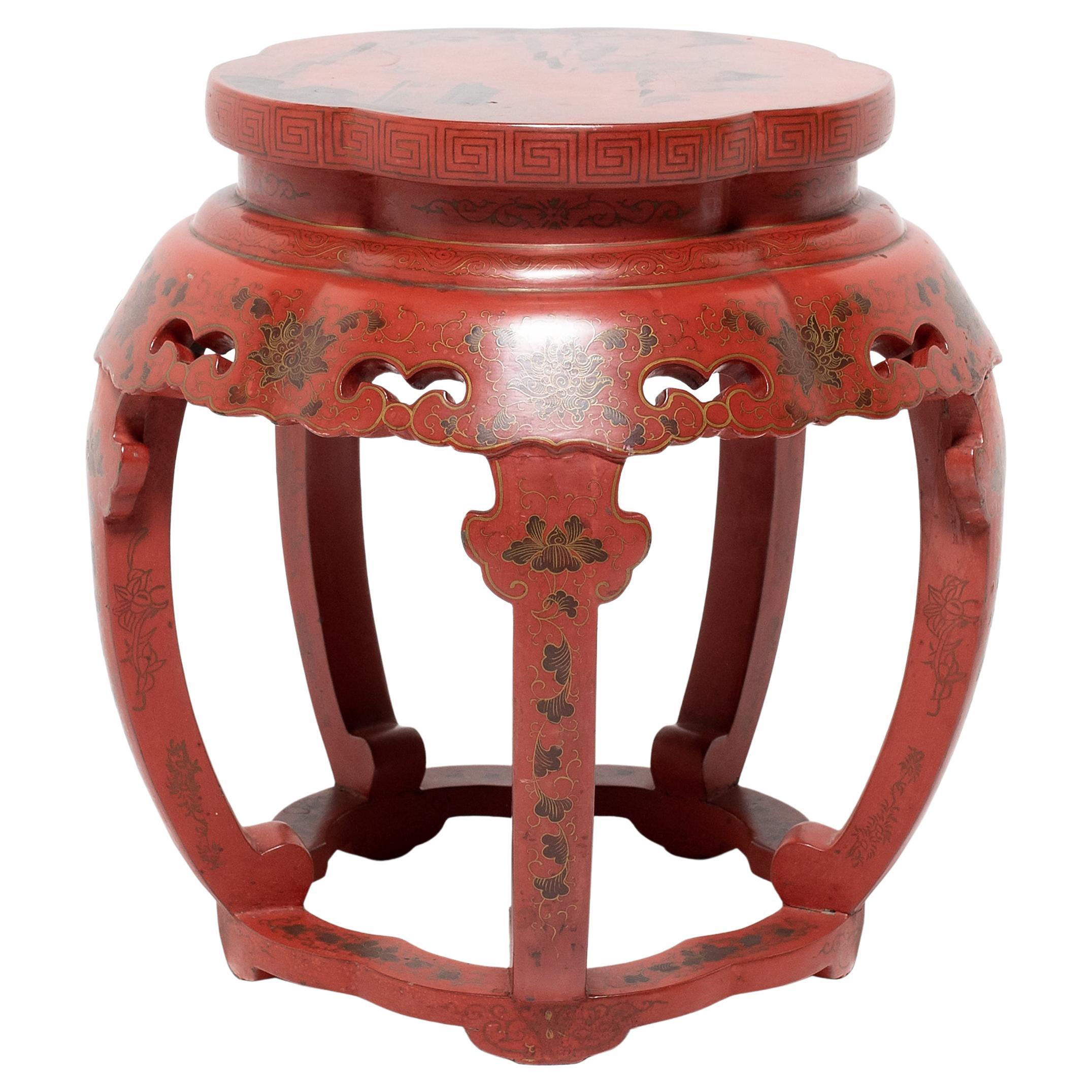 Chinese Cinnabar Red Drum Stool, C. 1900