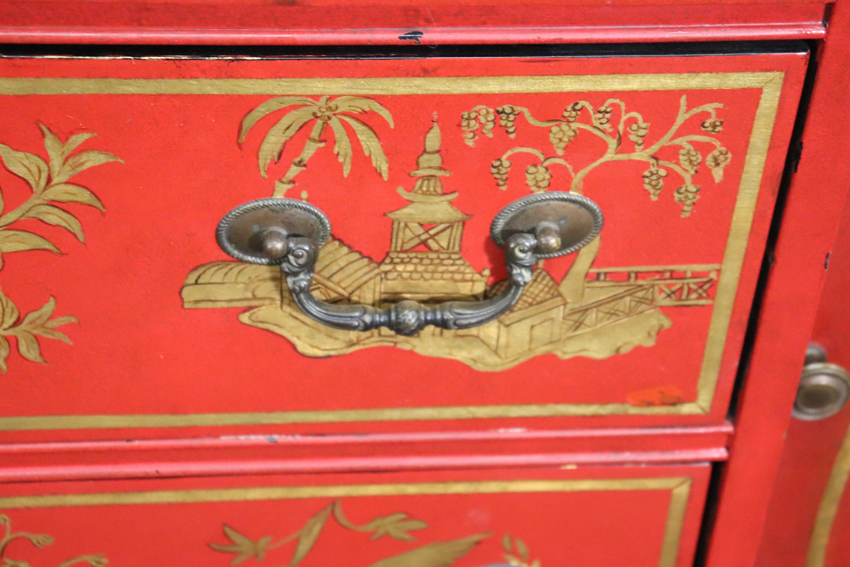 Chinese Cinnabar Red Gold Paint Decorated Chinoiserie Custom Breakfront Display 7