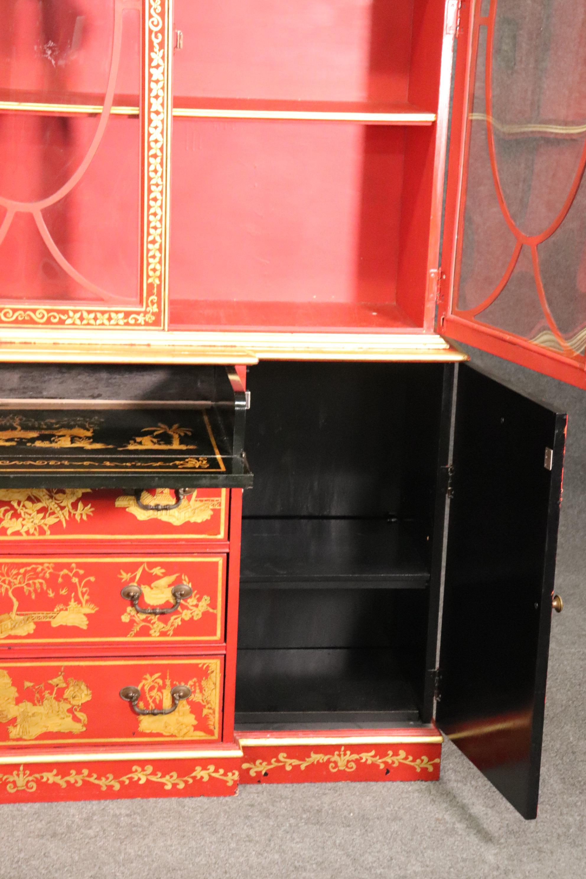 Chinese Cinnabar Red Gold Paint Decorated Chinoiserie Custom Breakfront Display 11
