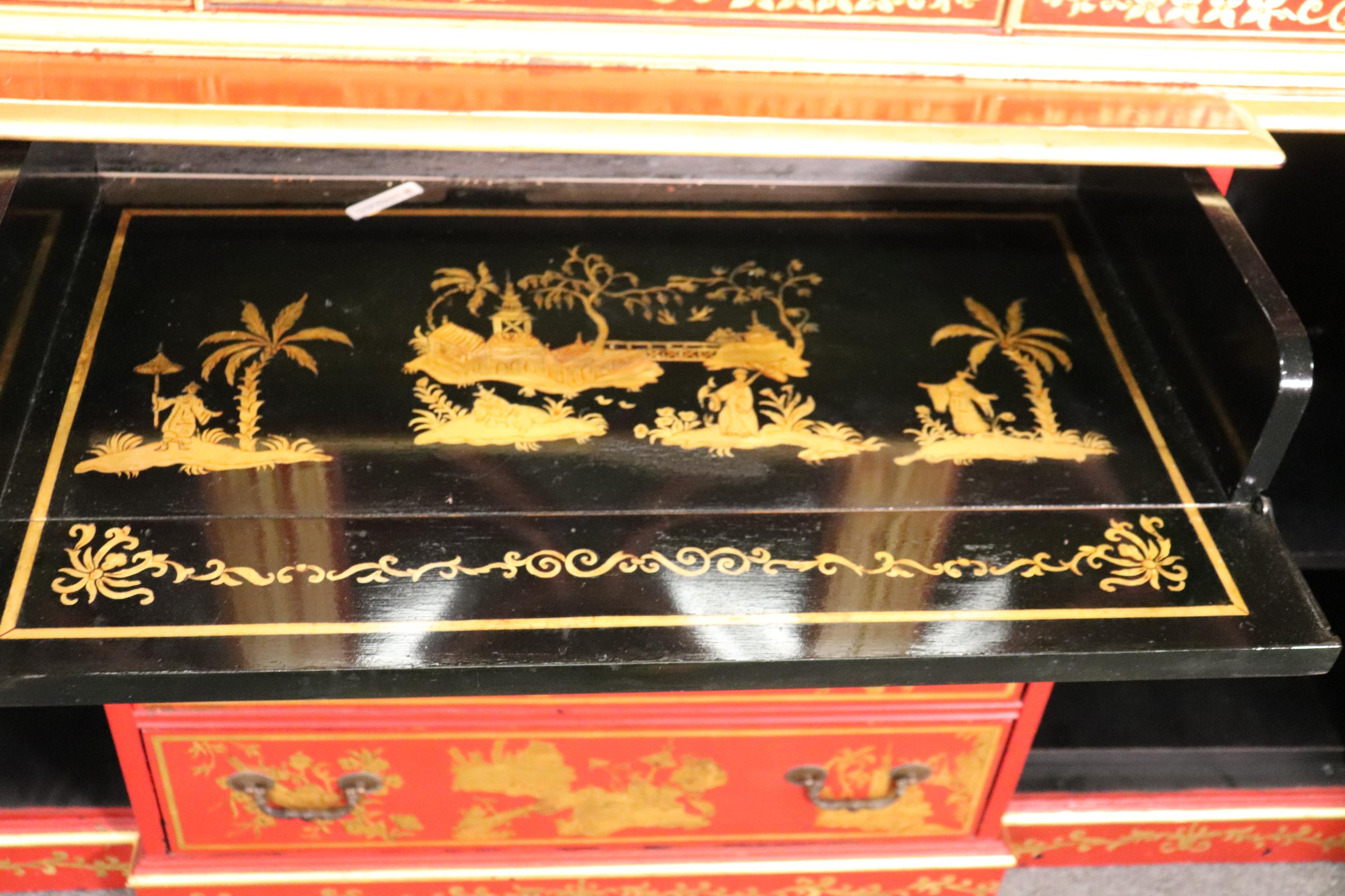 Chinese Cinnabar Red Gold Paint Decorated Chinoiserie Custom Breakfront Display 12