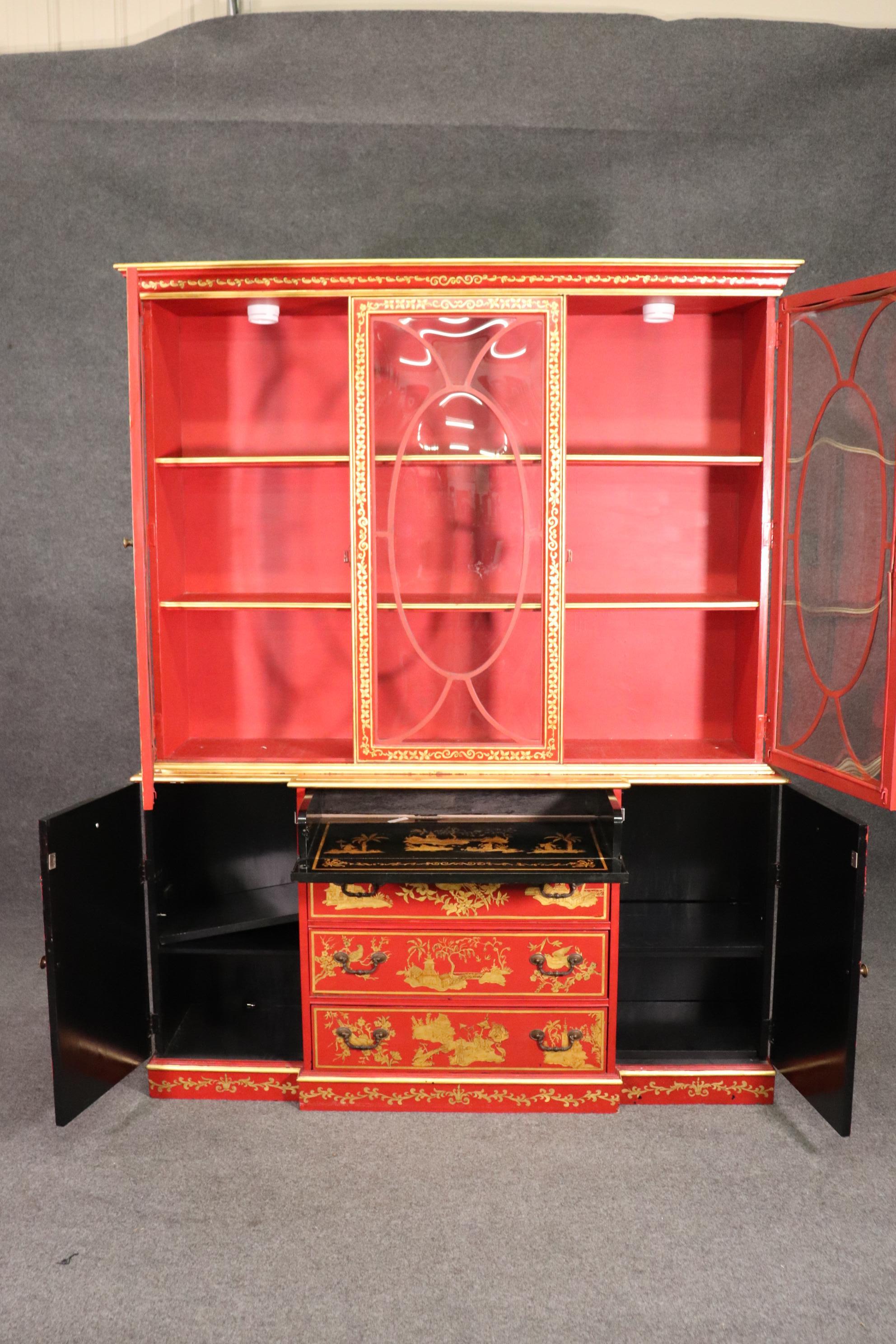 American Chinese Cinnabar Red Gold Paint Decorated Chinoiserie Custom Breakfront Display