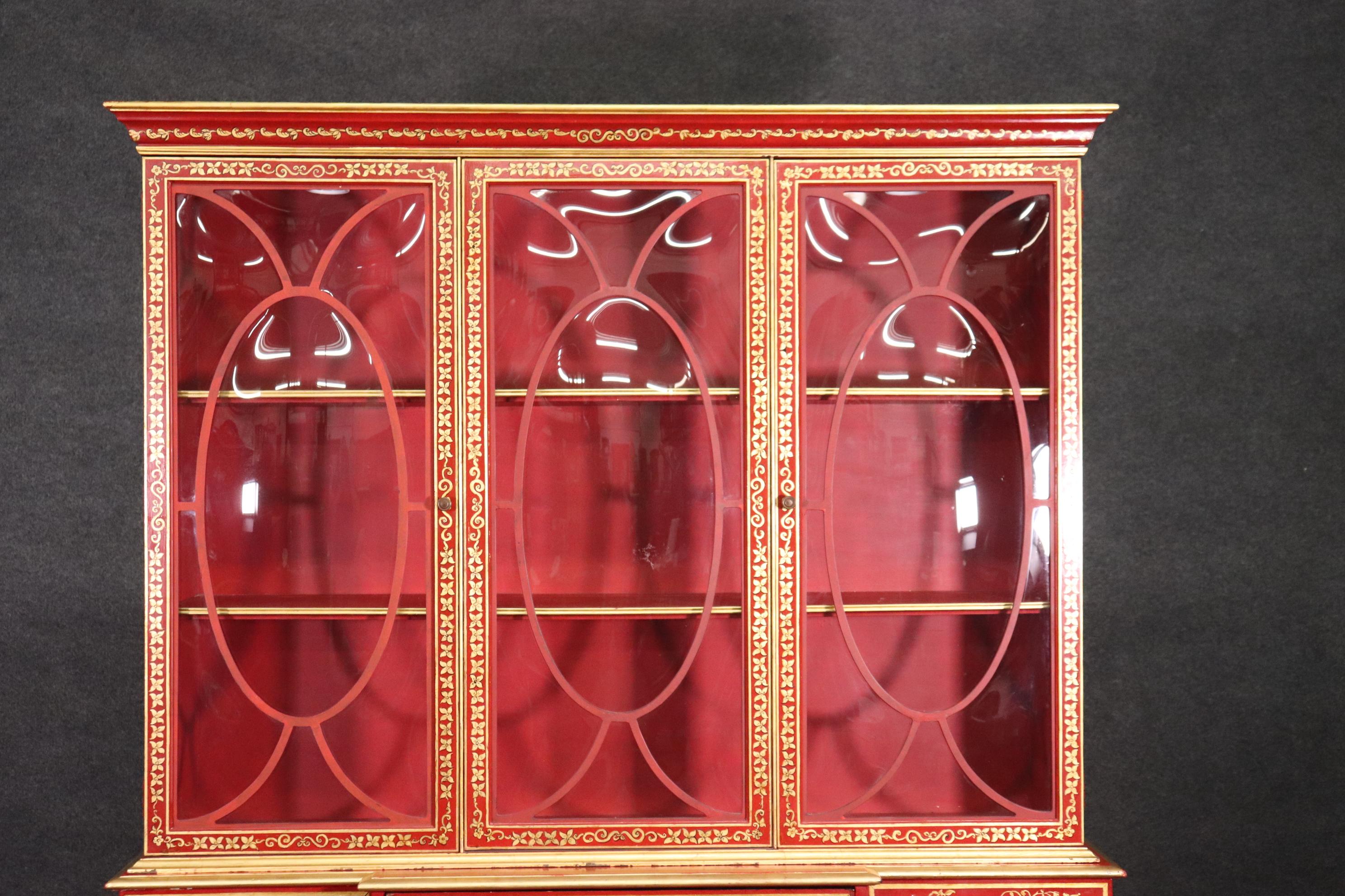 Chinese Cinnabar Red Gold Paint Decorated Chinoiserie Custom Breakfront Display In Good Condition In Swedesboro, NJ