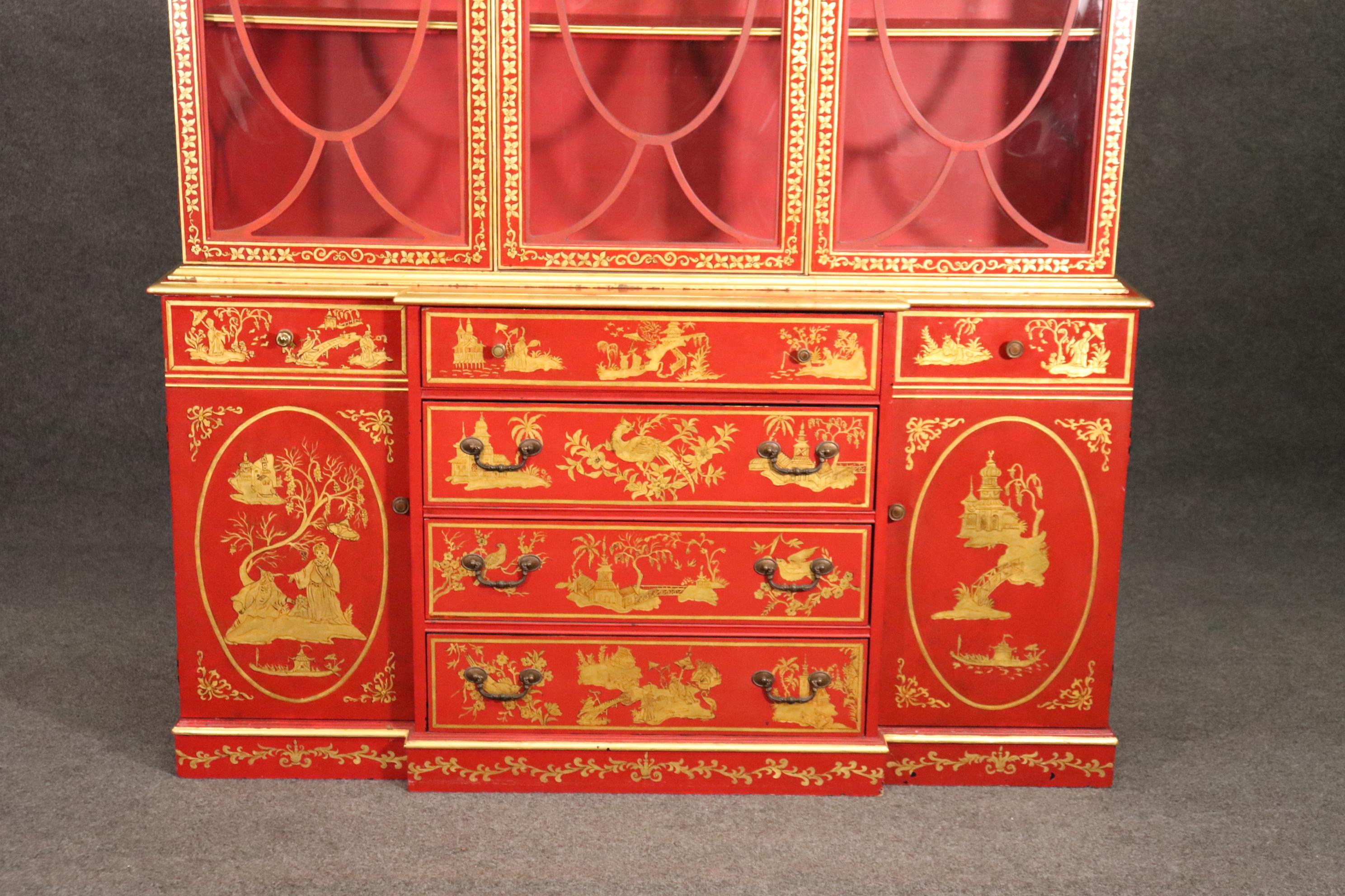 Mid-20th Century Chinese Cinnabar Red Gold Paint Decorated Chinoiserie Custom Breakfront Display