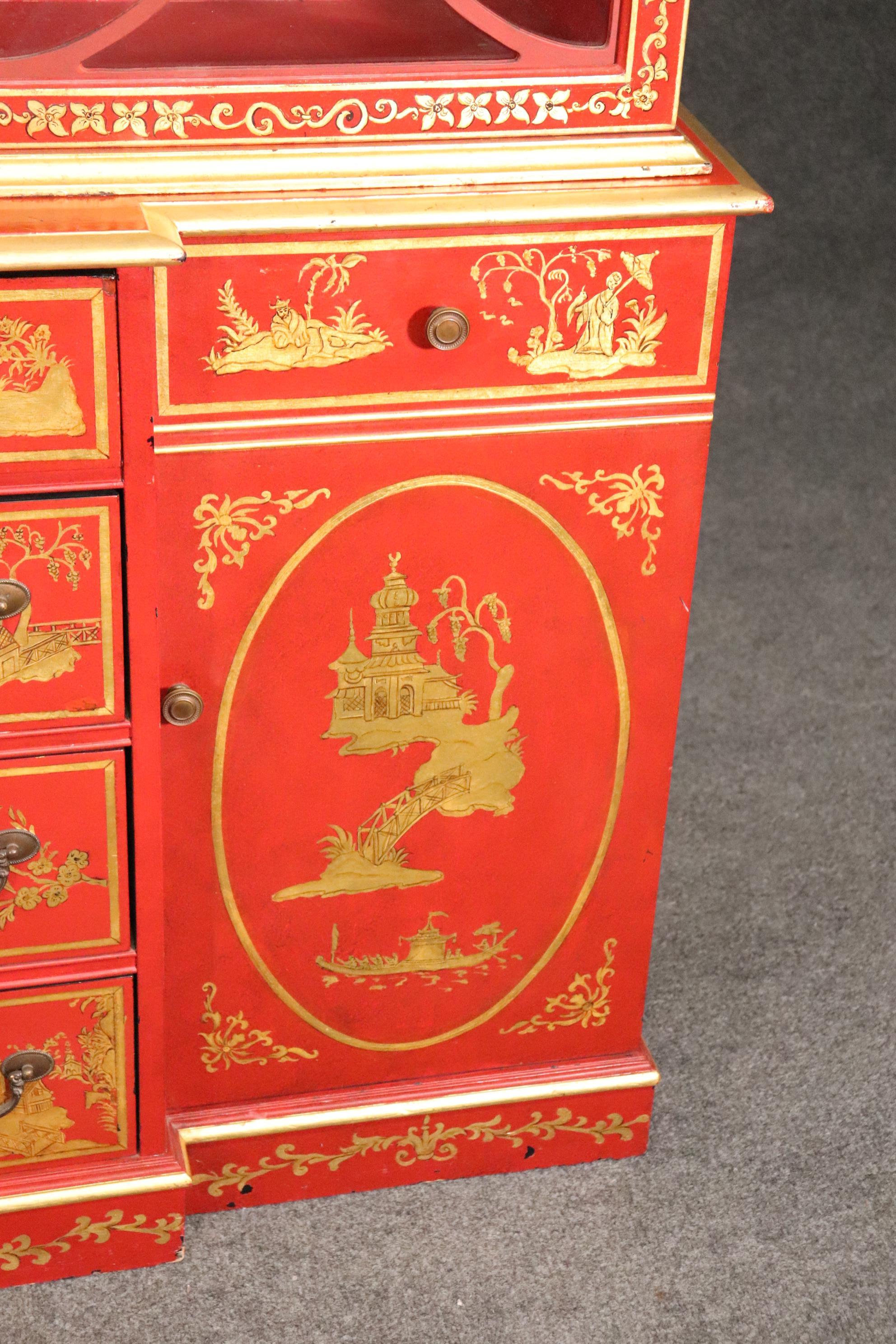 Walnut Chinese Cinnabar Red Gold Paint Decorated Chinoiserie Custom Breakfront Display