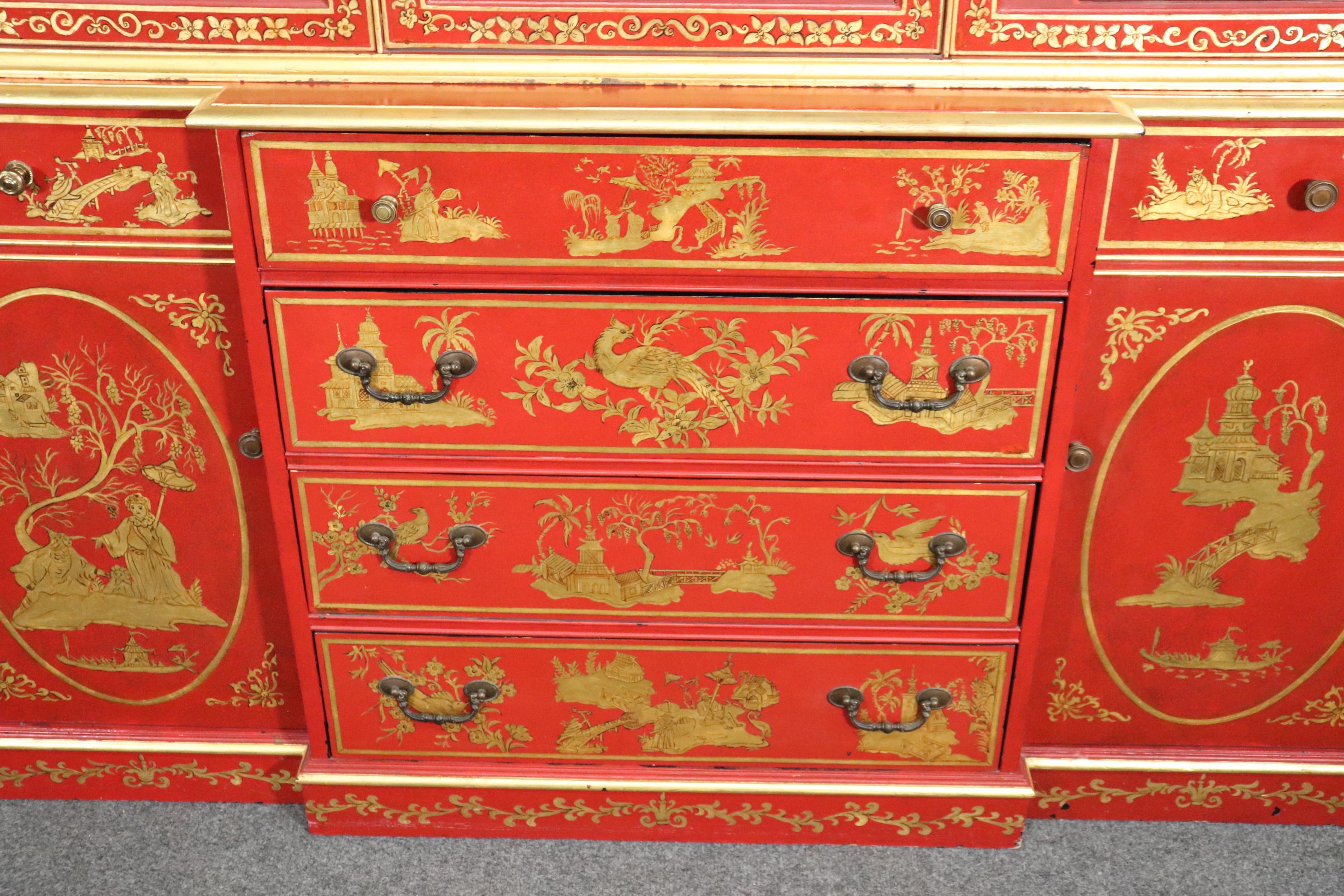Chinese Cinnabar Red Gold Paint Decorated Chinoiserie Custom Breakfront Display 1