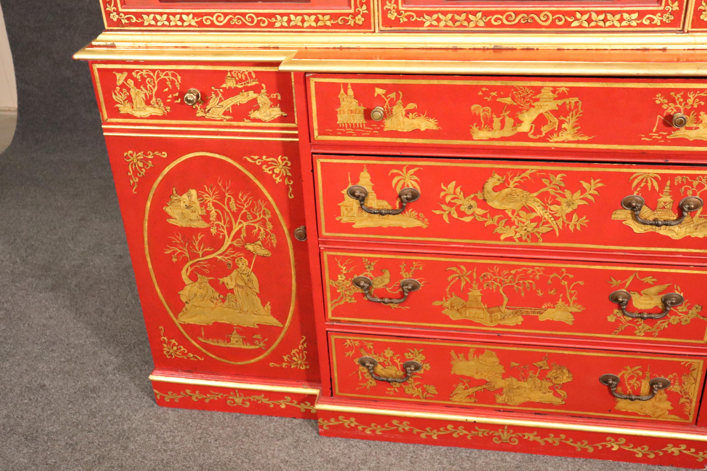 Chinese Cinnabar Red Gold Paint Decorated Chinoiserie Custom Breakfront Display 2