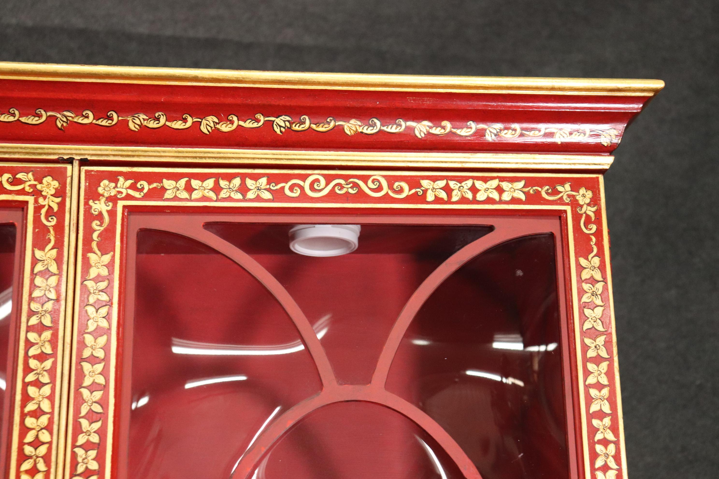 Chinese Cinnabar Red Gold Paint Decorated Chinoiserie Custom Breakfront Display 3