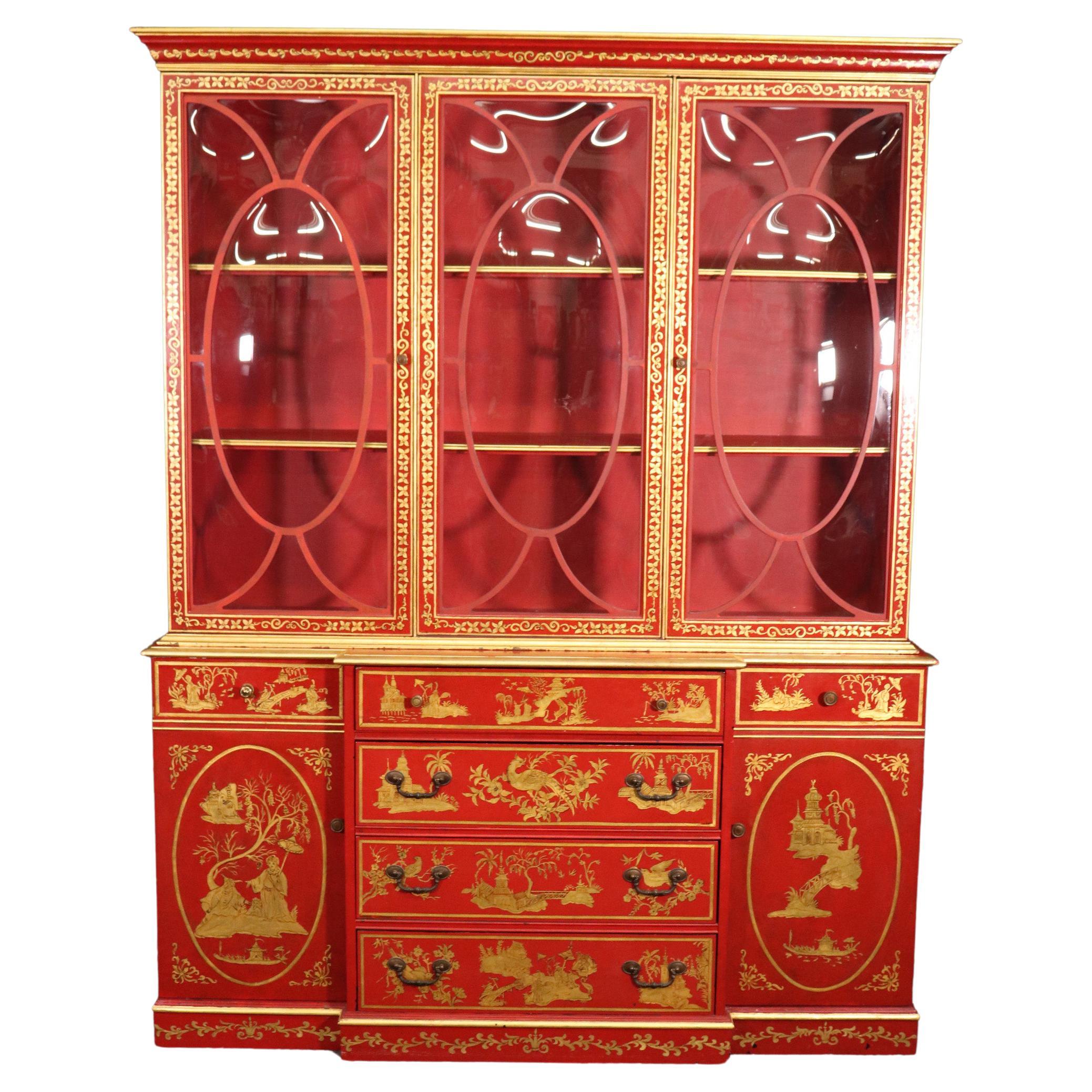 Chinese Cinnabar Red Gold Paint Decorated Chinoiserie Custom Breakfront Display